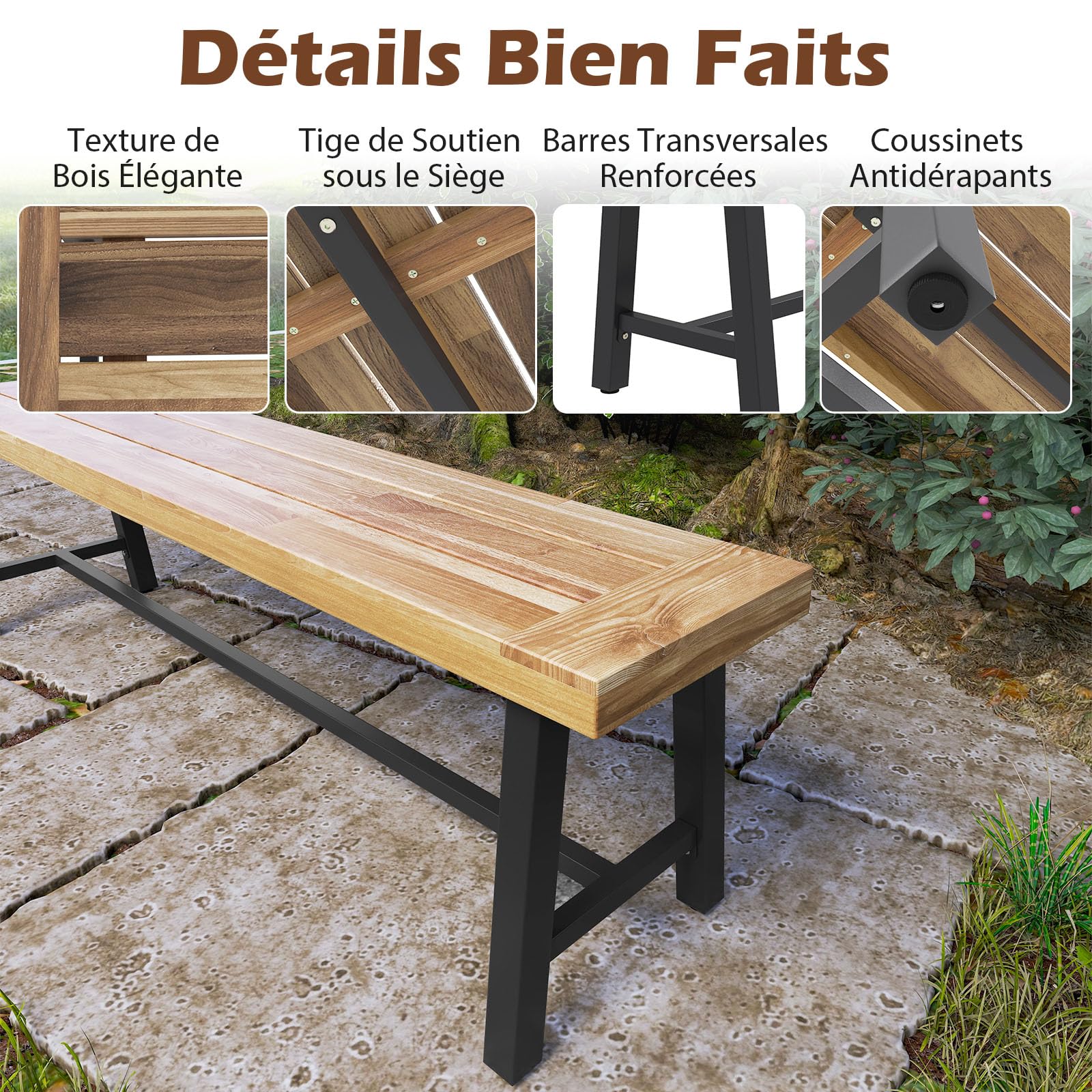GOPLUS Banc de Terrasse de 160 cm, Banc de Salle à Manger Long en Bois d'Acacia, Siège d'Extérieur sans Dossier pour 3 Personnes, Capacité 360 KG, pour Porche, Cour, Jardin (160x32x45cm,2)