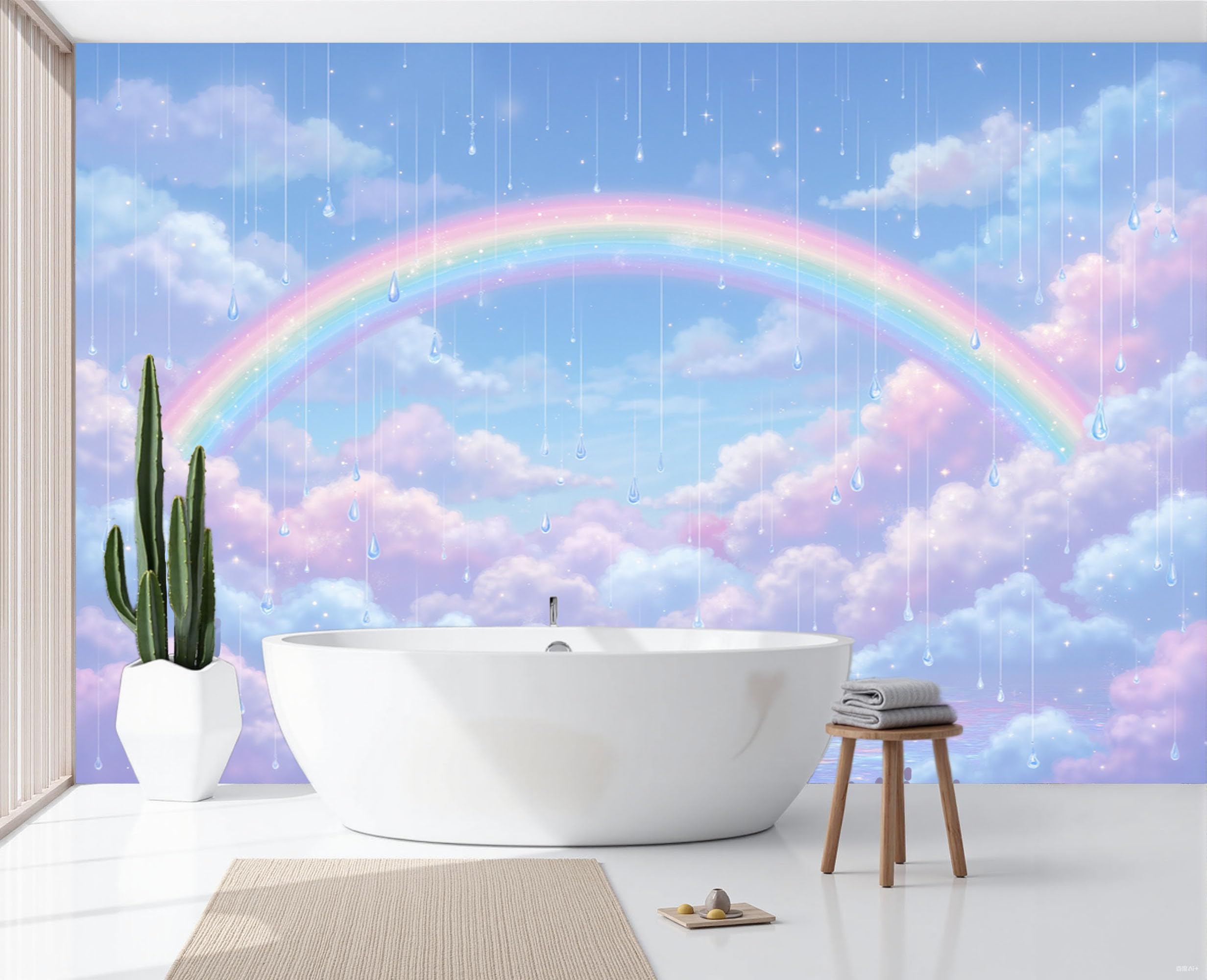 Papier peint soie premium nuages et gouttes de pluie rose et bleu