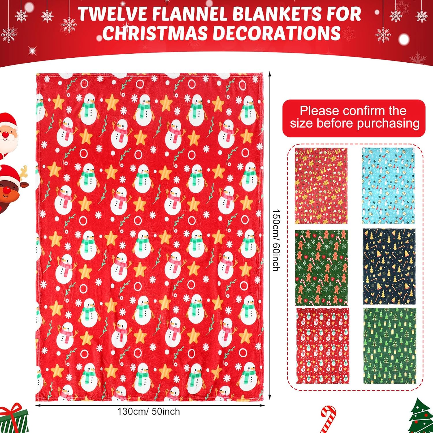 6 Pack Christmas Throws Blanket Bulk Christmas Flannel Blanket Xmas Lightweight Throw Soft Warm Fluffy Plush Quilt for Living Room Couch Dorm, 50 x 60 Inch - Image 2