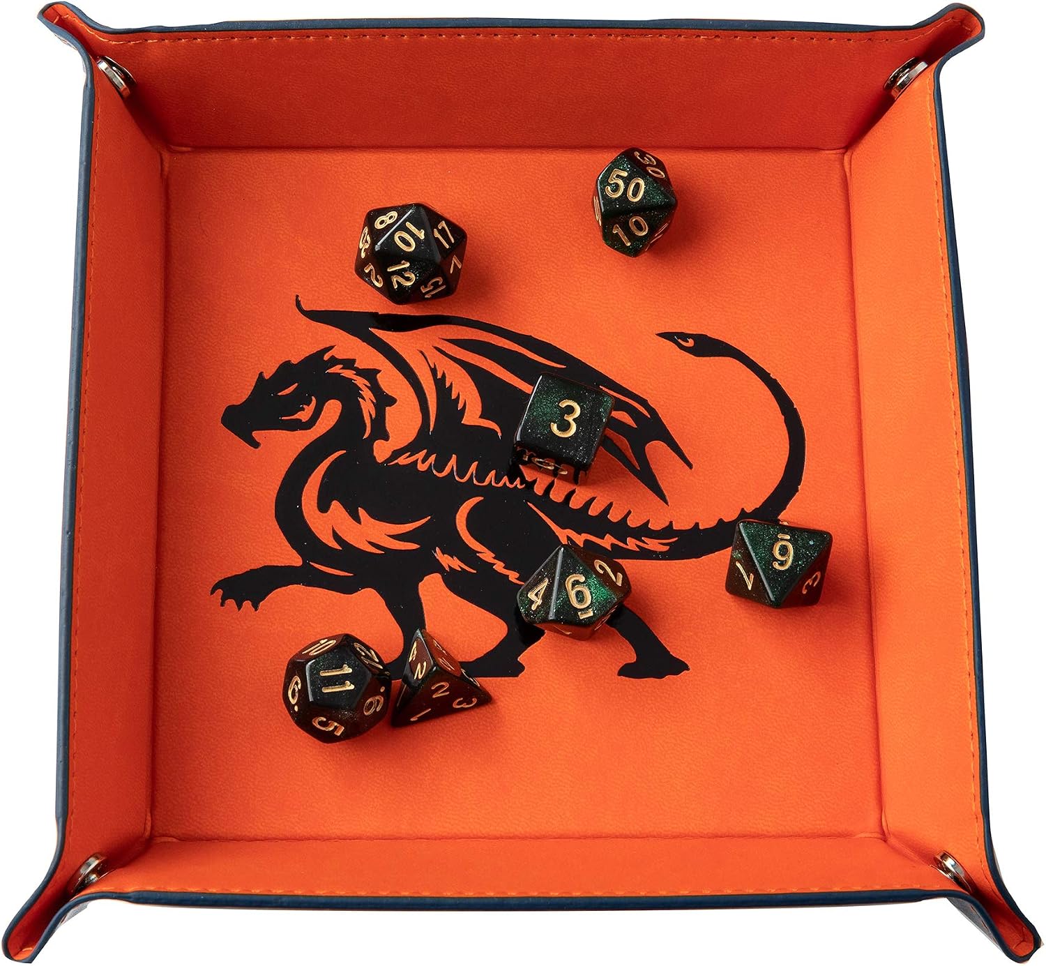 PUGED 5 Pack Dragon DND Dice Trays and Dice Bag Set Leather Folding Square Holder Portable Dice Storage Box for Rolling Dice Games RPG, D&D and Other Table Games