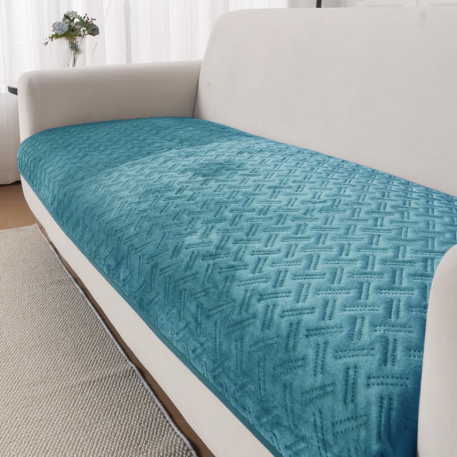 HOKIPO Premium Velvety Quilted Anti-Slip Sofa Cover Mats for L-Shape & 1/2/3 Seater Sofa | Make Your Own Sofa Cover Set, 'Softline Quilted Series' 70(W) x 170(L) cm | Teal Blue (AR-6317-BL)-image-42