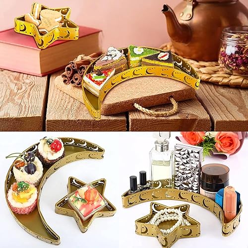 Miniatura 5 de Juego de bandejas doradas de media luna y estrella, 2 platos de metal de Ramadán para Eid Mubarak, Islam musulmán Eid Al-Fitr Iftar Moon Platters