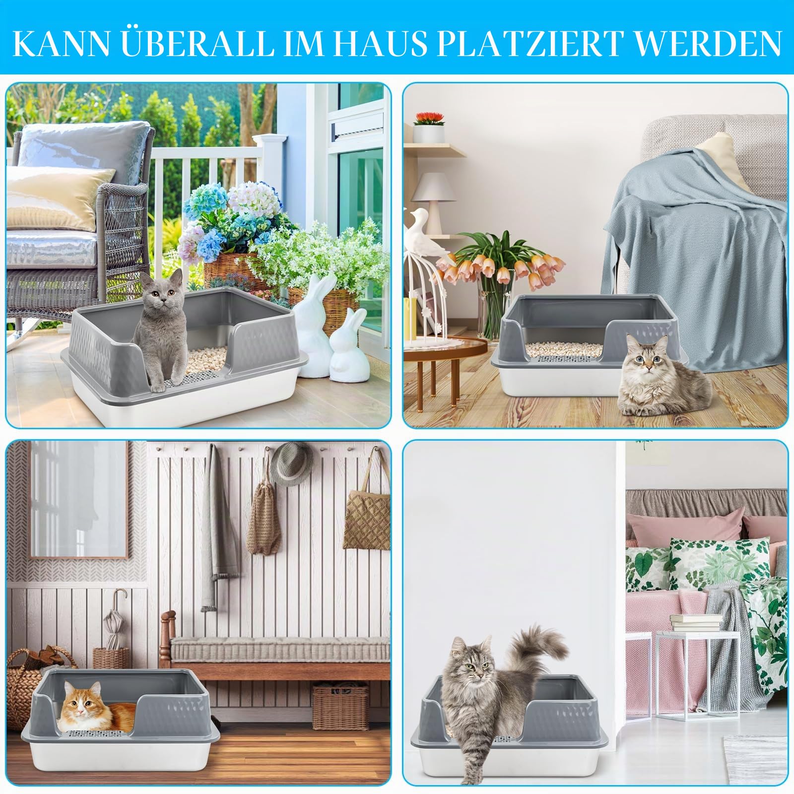 Edelstahl katzenklo, 50 x 35 x 20CM katzenklo groß mit abnehmbarem Hochzaun, öffnen Katzentoilette ohne Deckel mit Schaufel und Wischtuch Effektiver Spritzschutz und Leicht zu reinigen, Grau