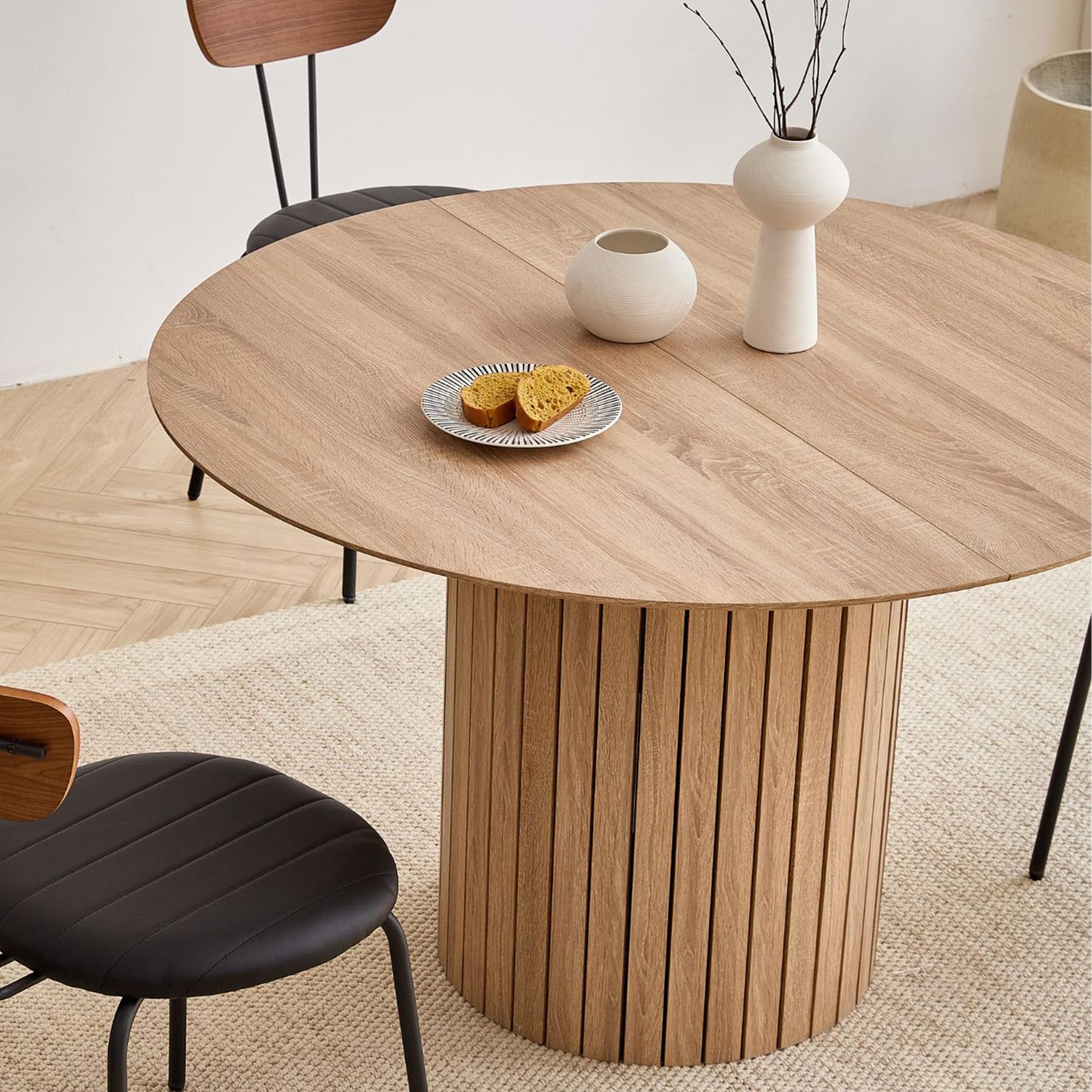Mesa de Comedor Redonda para 4-6 Personas, Mesa de Comedor de Granja con Base de Pedestal de Listones de Madera, Mesa de Cocina en MDF (Natural, 120 * 120 * 76cm)