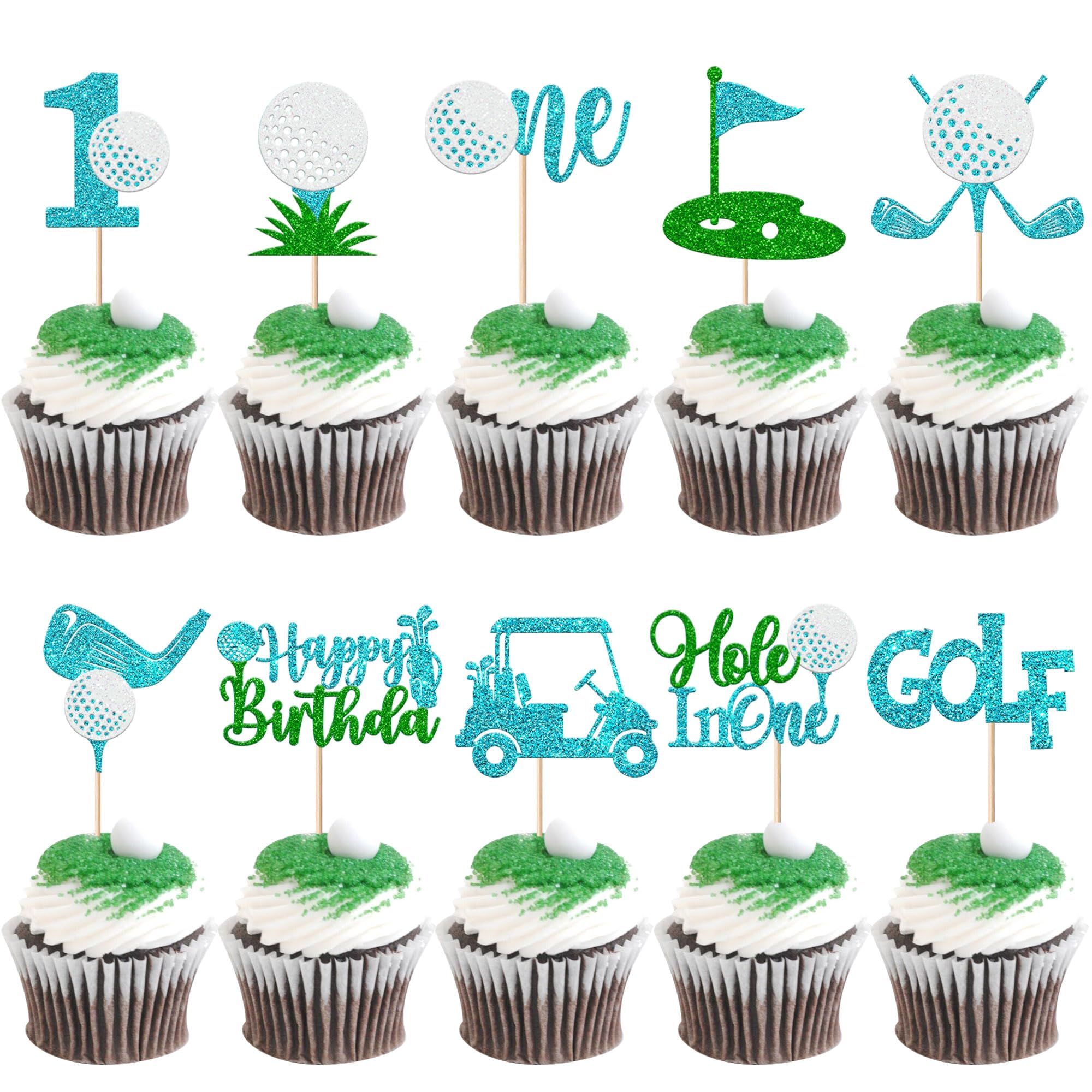 Xsstarmi 30 Pack Golf 1st Birthday Cupcake Toppers Glitter Golf Hole in One Cupcake Picks Decoration for Boys Baby Shower Kids First Birthday Golf Party Cake Decorations Blue