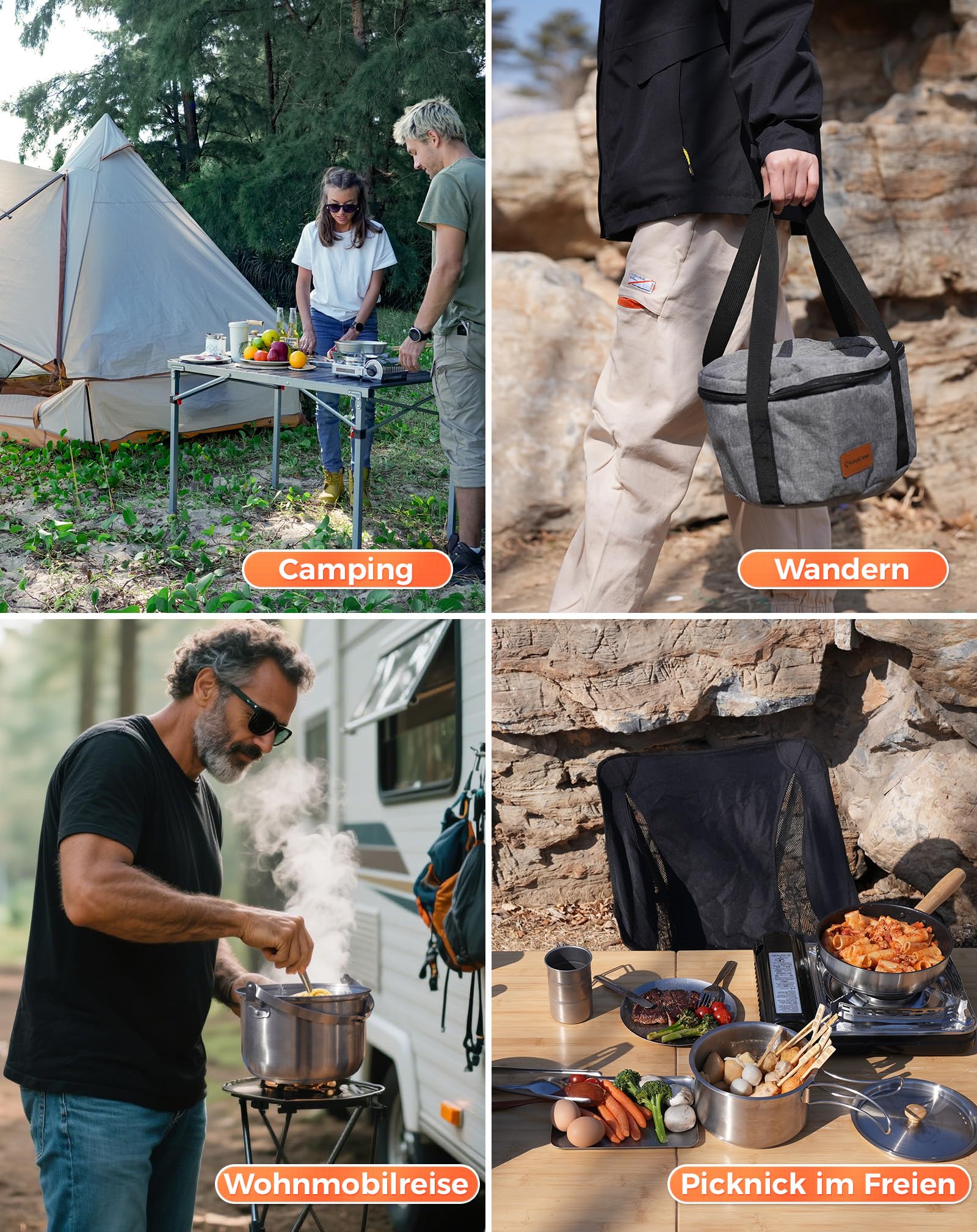 KingCamp Camping topfset aus Edelstahl, Camping Kochset mit undichter Korb,Camping Kochgeschirr induktionsgeeignet, geeignet für Camping, Wandern, Picknick