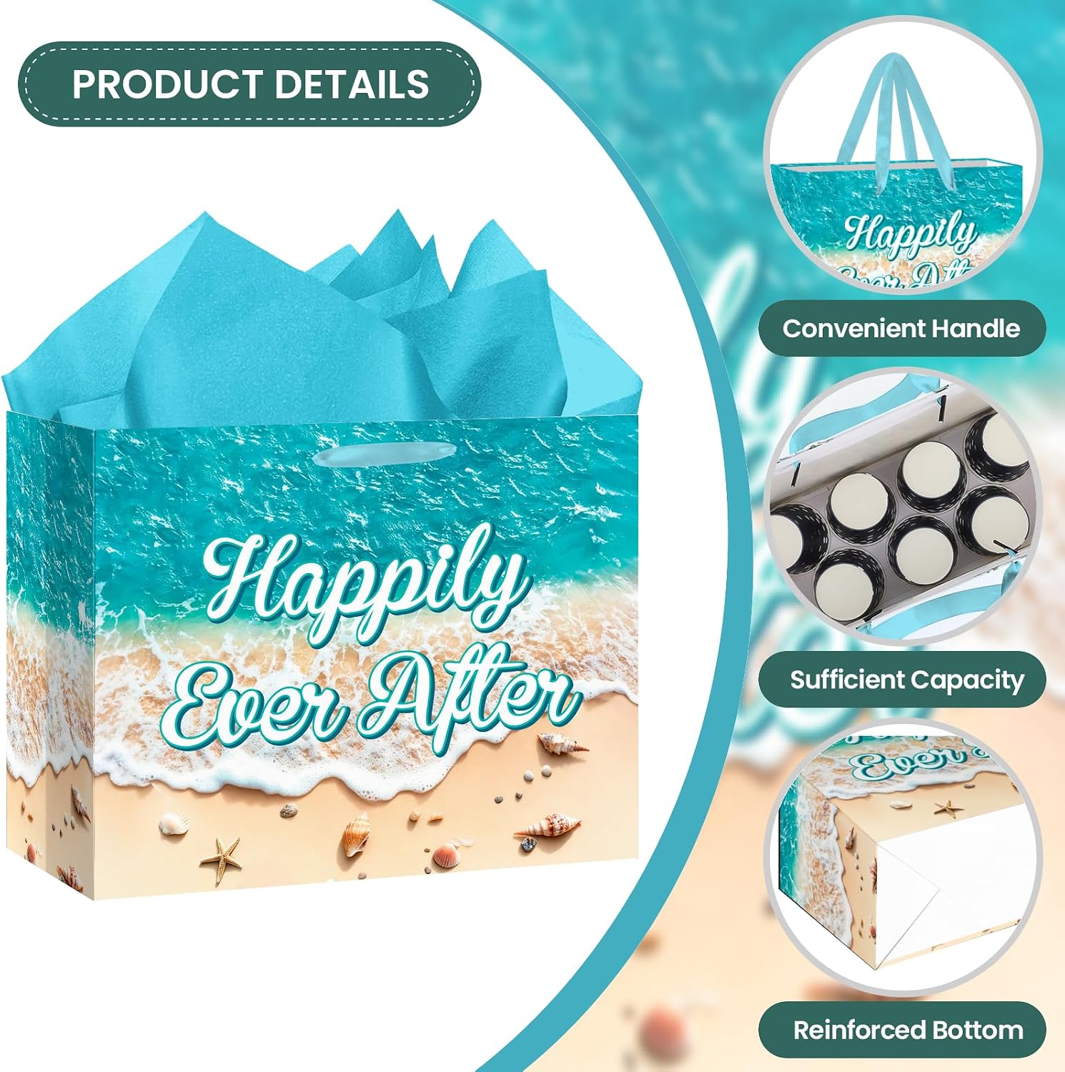 Happily Ever After Wedding Gift Bag Beach Wedding Wrapping Paper with Tissue Paper Greeting Card Ocean Beach Theme Large Gift Wrapper for Bridal Shower Engagement Rehearsal Anniversary Party Supplies image 5