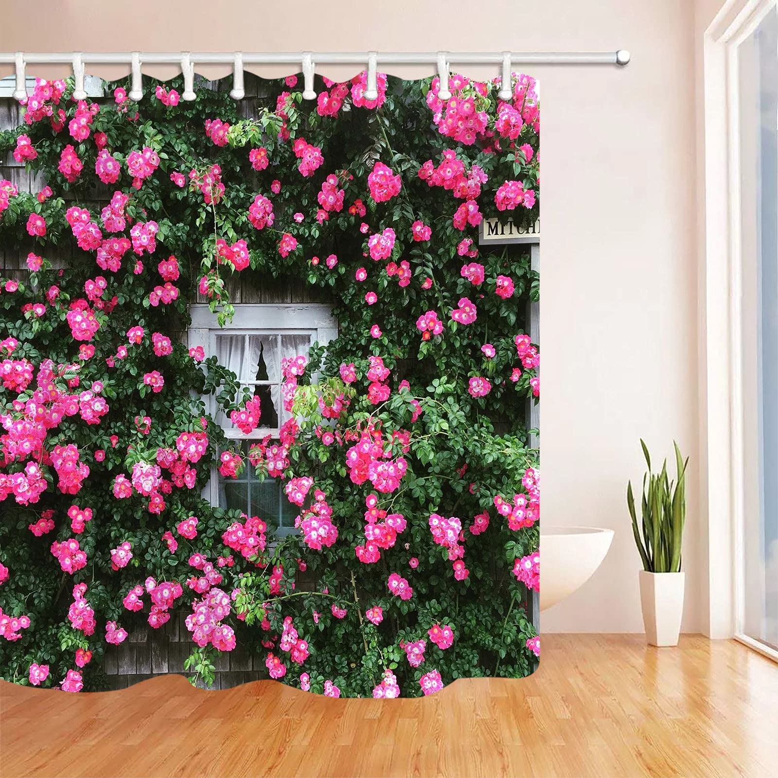 SPXUBZ - Tenda da doccia con rose, per finestre e fiori, in tessuto di poliestere impermeabile, lavabile, con 12 ganci per il bagno, 150 x 180 cm