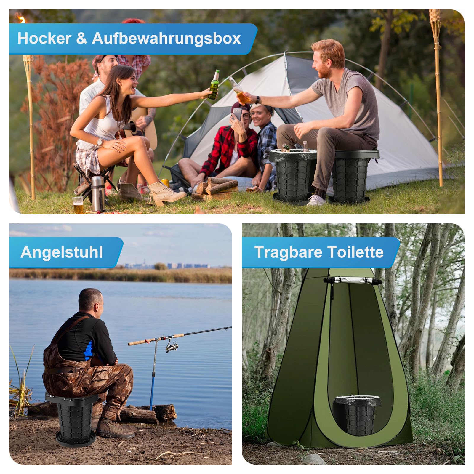 imodomio Camping Portable Toilet for Adults Portable Toilet Comes with 10 Bin Bags and is Ideal for Camping, Hiking, Fishing and Parties. Load Capacity up to 180 kg (Noire, S à Ressort)