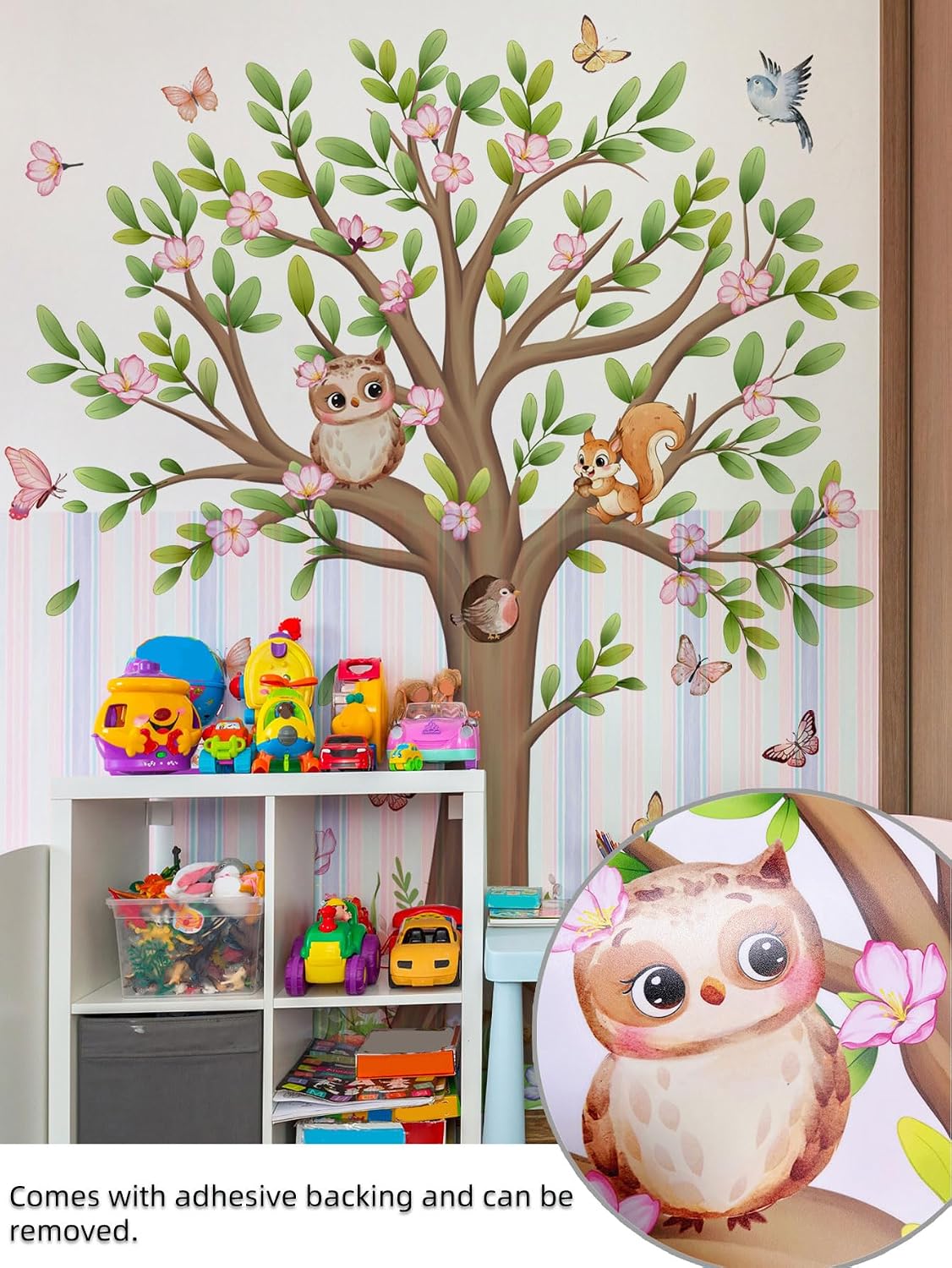Jungle Animal Tree Wall Stickers - Deer Squirrel Owl Hedgehog Peel & Stick Removable Floral Butterfly Decal for Baby Nursery Kids Bedroom Bathroom Living Room Wall Decor,120.7 cm x 147.5 cm