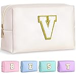 TOPEAST Initial Makeup Bags for Women, Personalized Portable Cosmetic Bag for Travel, Cute Makeup Pouch, PU Leather Waterproof Toiletry Bag, Preppy Things for Girl (White V)