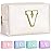 TOPEAST Initial Makeup Bags for Women, Personalized Portable Cosmetic Bag for Travel, Cute Makeup Pouch, PU Leather Waterproof Toiletry Bag, Preppy Things for Girl (White V)