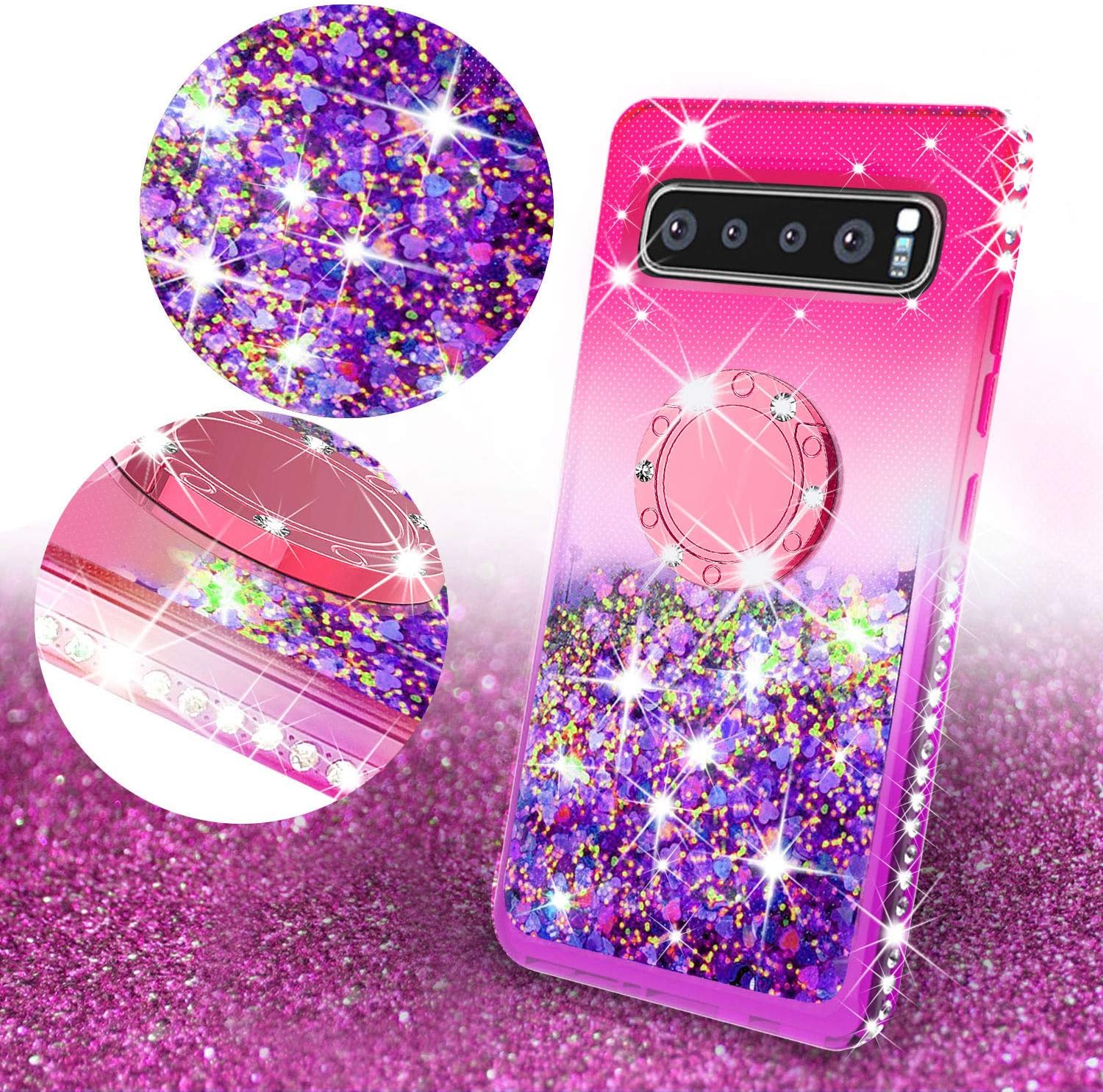 Galaxy Wireless Galaxy S10e Case, Liquid Glitter Ring Kickstand Phone Case [Shock Proof] Cute Quicksand Bling Protective Girls Women Cover Compatible for Samsung Galaxy S10e, Hot Pink/Purple