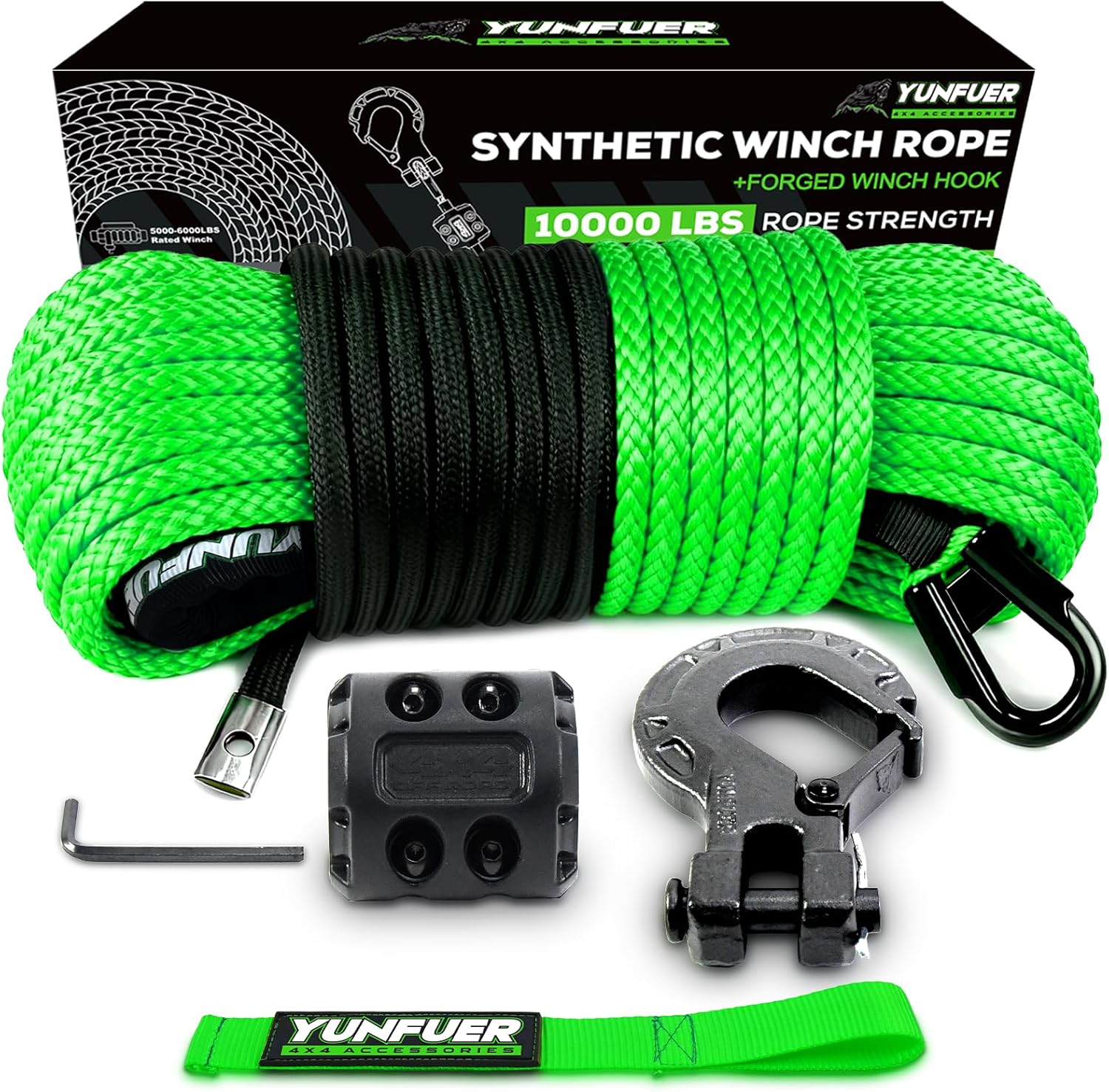 1/4" x 50ft 10000LBS Green Synthetic Winch Rope Kit with Protective Sleeve, Forged Winch Hook, Rubber Stopper and Safety Pull Strap for ATV/UTV