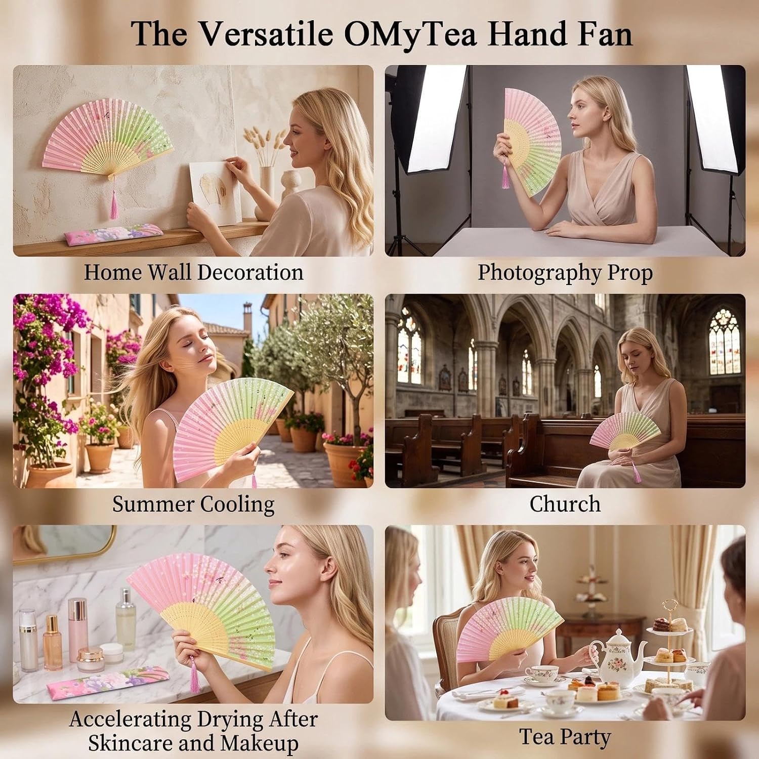 OMyTea® Hand Held Silk Folding Fans with Bamboo Frame - with a Fabric Sleeve for Protection for Gifts - 100% Handmade Oriental Chinese/Japanese Vintage Retro Style (WZS-45)