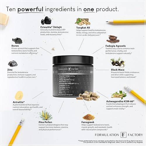 Miniatura 4 de Formulation Factory Self Obsessed MAXXED Suplemento de Vitalidad Masculina 10 en 1 con Shilajit, Tongkat Ali, Ashwagandha, Maca, Fadogia, Fenogreco,