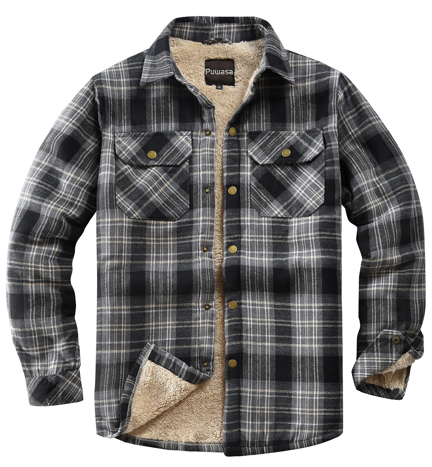 Men's Sherpa Cotton Flannel Shirt Jacket Plaid Button Coat Pocket
