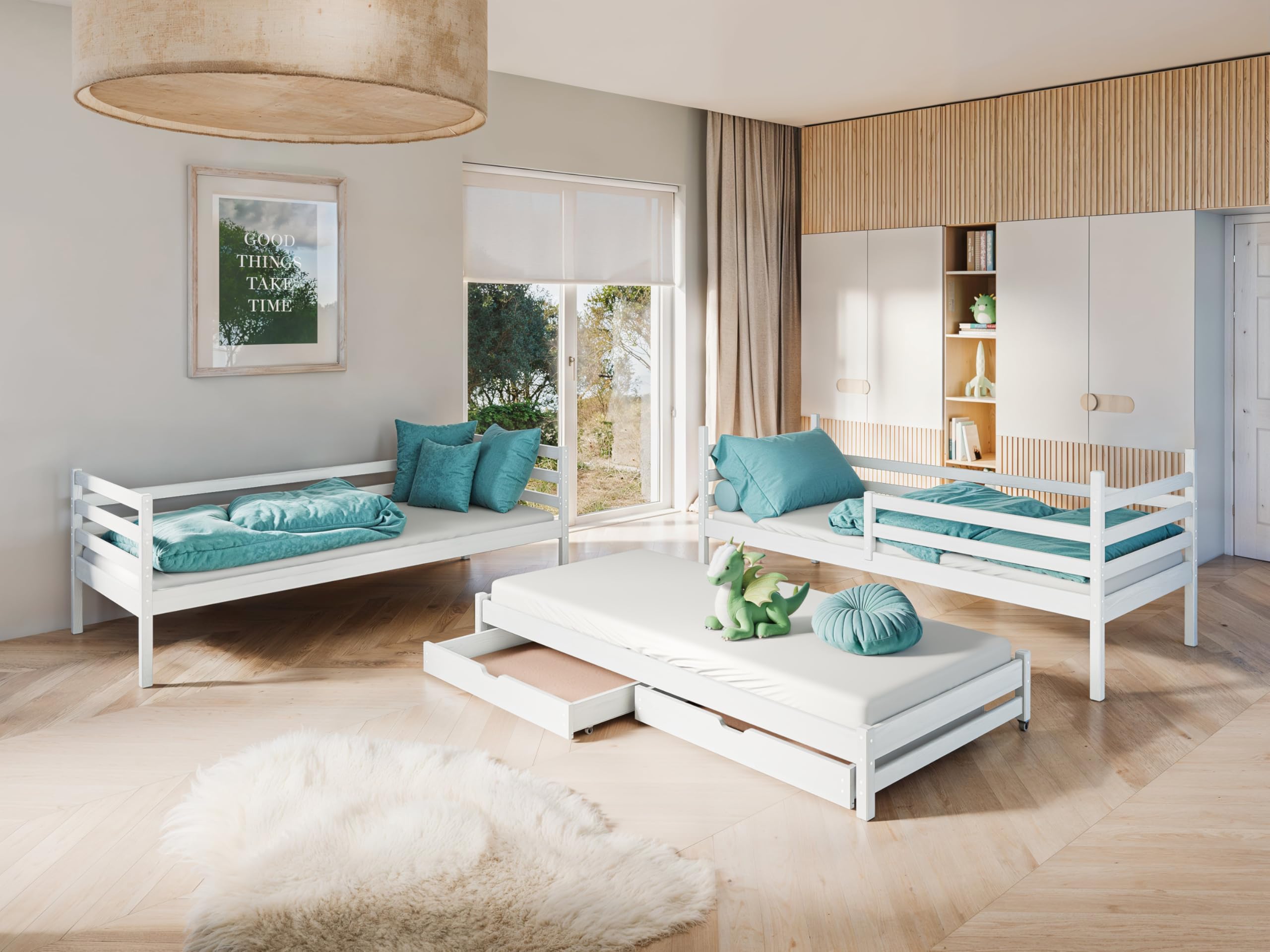Kids Collective Hochbett 90x200 mit Ausziehbett Etagenbett Kinderbett mit Ausziehfunktion Zwei Schubladen Lattenrost Rausfallschutz umbaubar in DREI Einzelbetten, 4. bis 16. Lebensjahr Vollholz | weiß