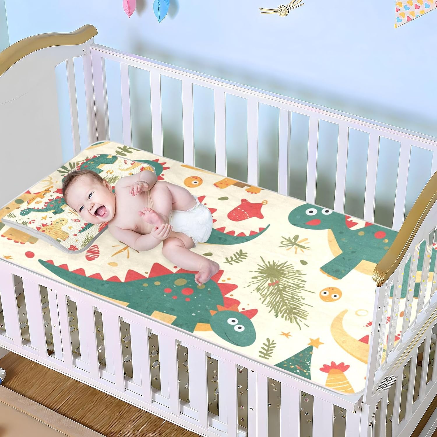 Dino Christmas Cooling Baby Crib Mattress Topper 28" x 52" Absorbent Mattress Protector Pads for Baby&Toddler