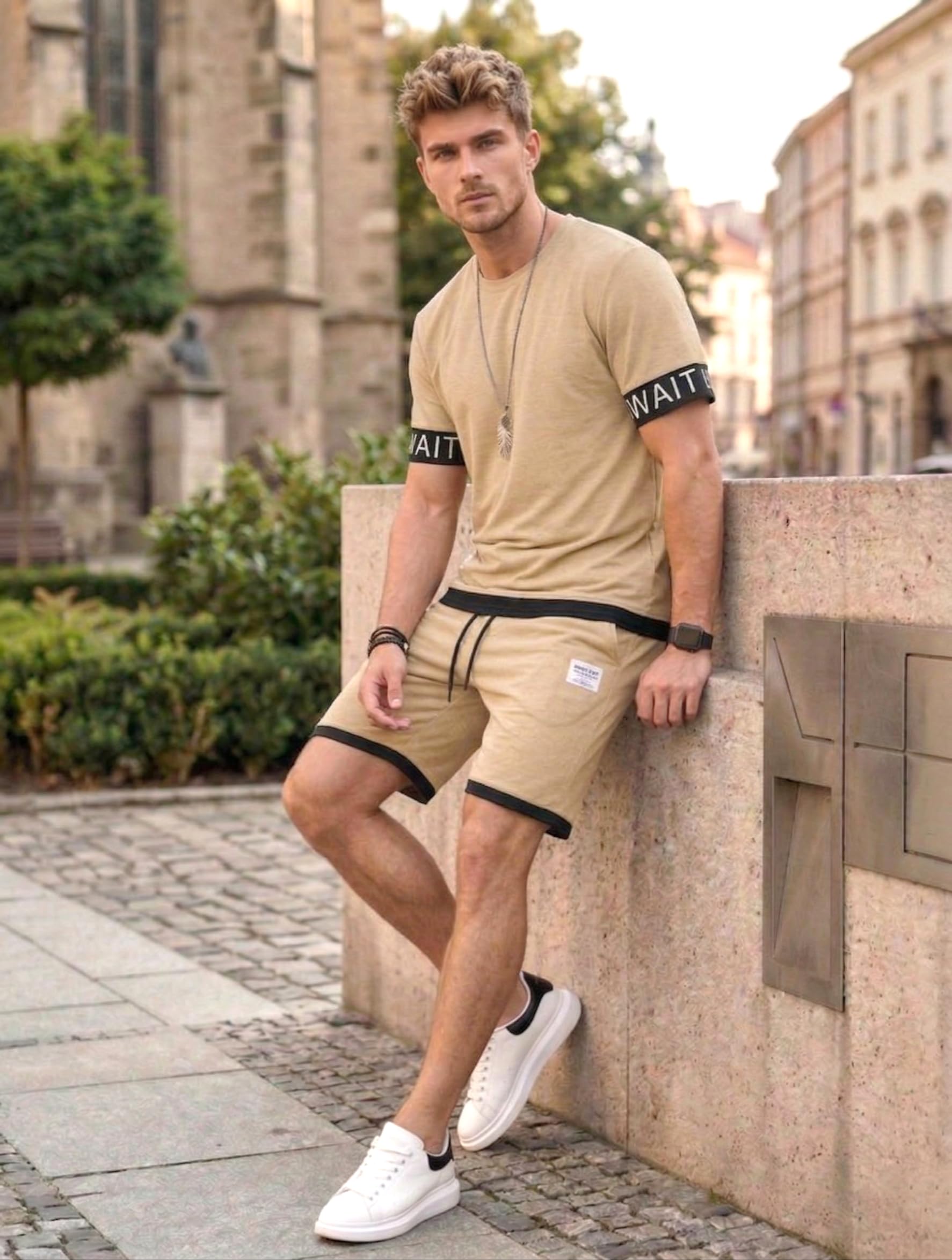 Lymio SSM-CS-1-3 - Set casual da uomo con coulisse, elegante maglietta e pantaloncini abbinati alla moda