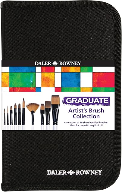 Daler-Rowney Graduate Multi-Technique Brush Set in a Zip Case, Synthetic Hair, Short Handle, 10 Assorted Brushes, Ideal for Acrylic & Oil Painting, Ideal for Student Artists