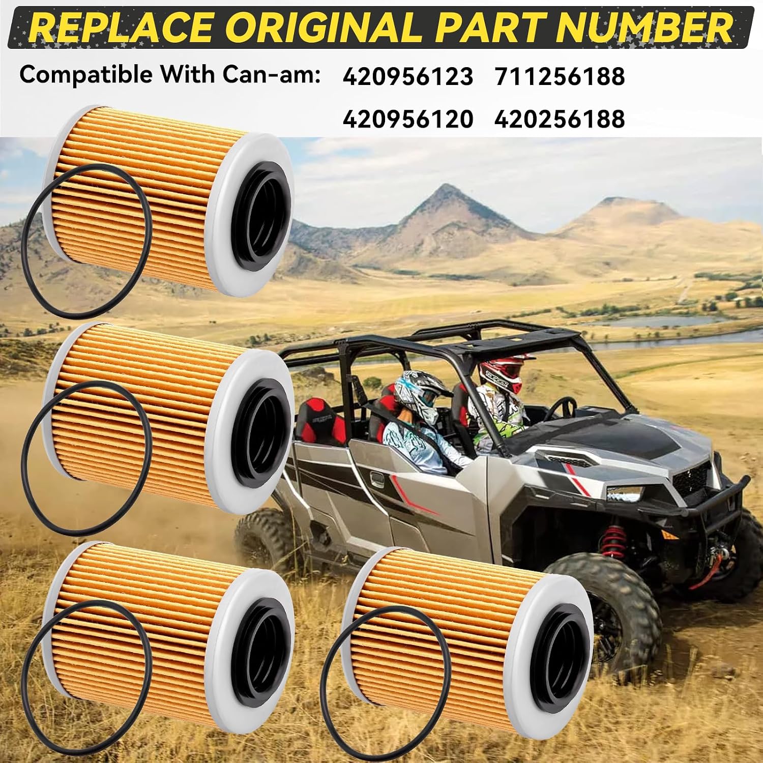 4PCS 420956123 X3 Oil Filter 420956120 for Can Am Maverick X3 Max Turbo R RR DS RS XRC XMR XRS XDS DPS 2017-2023, STD 600 900 ACE Sea-Doo Ski-Doo Spark 2 Up 3 Up SBT 420256188 with O-Rings