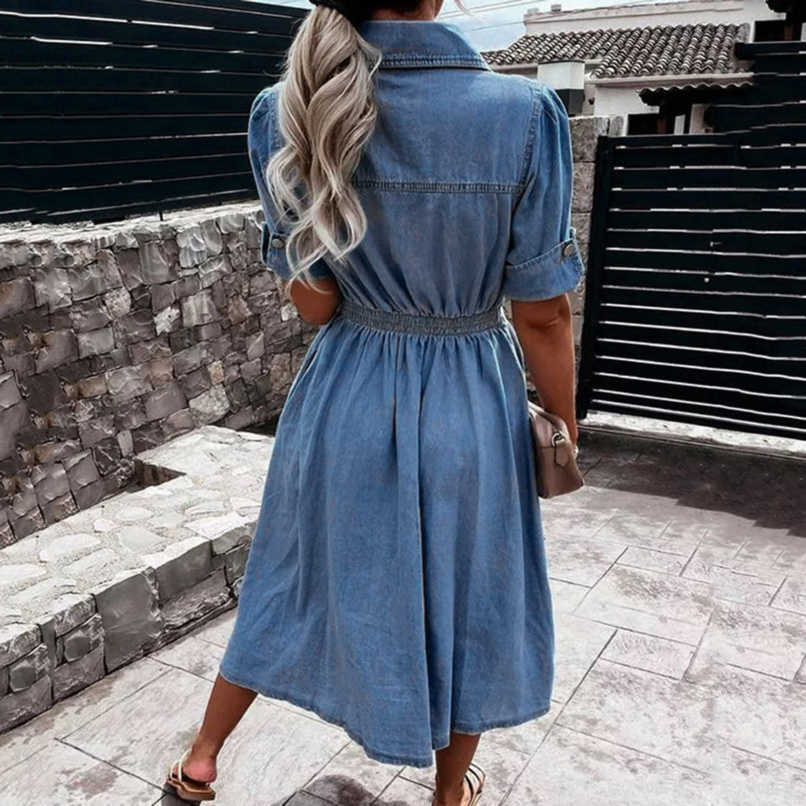Abito in jeans da donna, lunghezza al ginocchio, a maniche corte, con bottoni, jeans, abito estivo, elegante, scollo a V, casual, da donna, elegante, in denim, con tasche