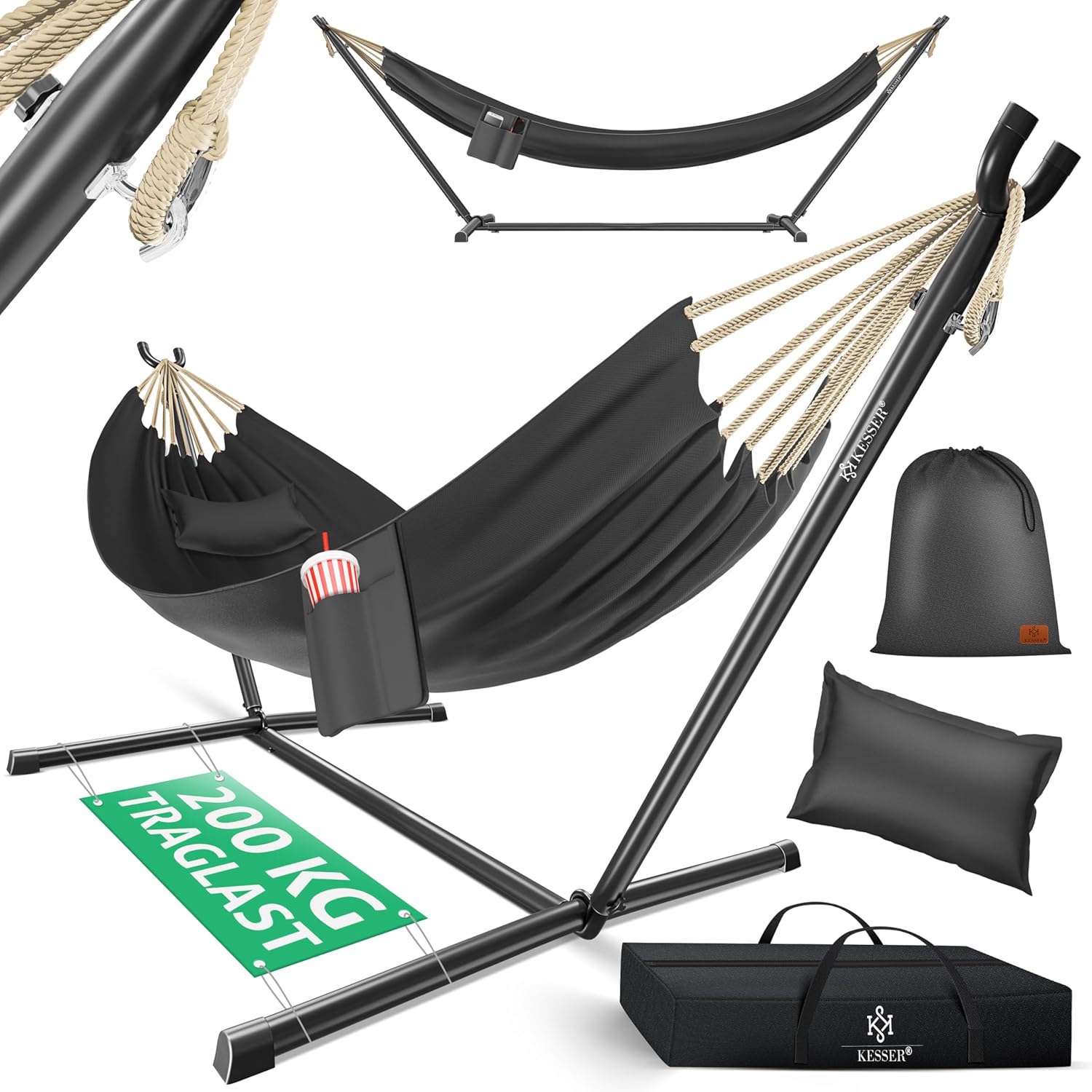 KESSER® HILL Hammock with Frame and Cushion – Double Hammock for 2 People – Solid Construction – Load Capacity 200 kg – Outdoor and Indoor – XXL Hanging Chair Double or Multi-Person – Anthracite KESSER® HILL Hammock with Frame and Cushion – Double Hammock for 2 People – Solid Construction – Load Capacity 200 kg – Outdoor and Indoor – XXL Hanging Chair Double or Multi-Person – Anthracite