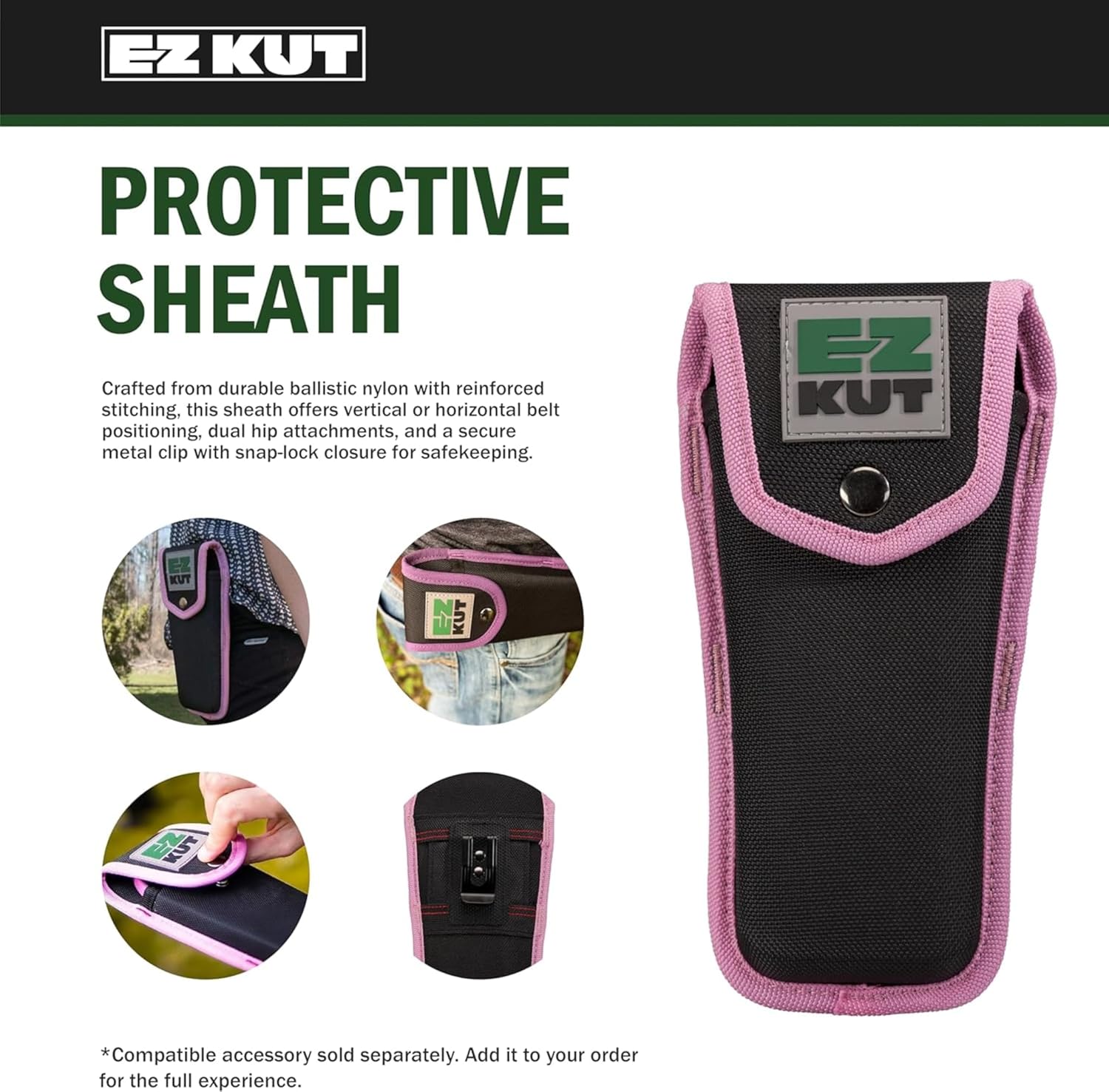 EZ Kut Original Ratcheting Pruner Sheath, 8.5 Inches, Made from Molded Ballistic Nylon, Black and Pink