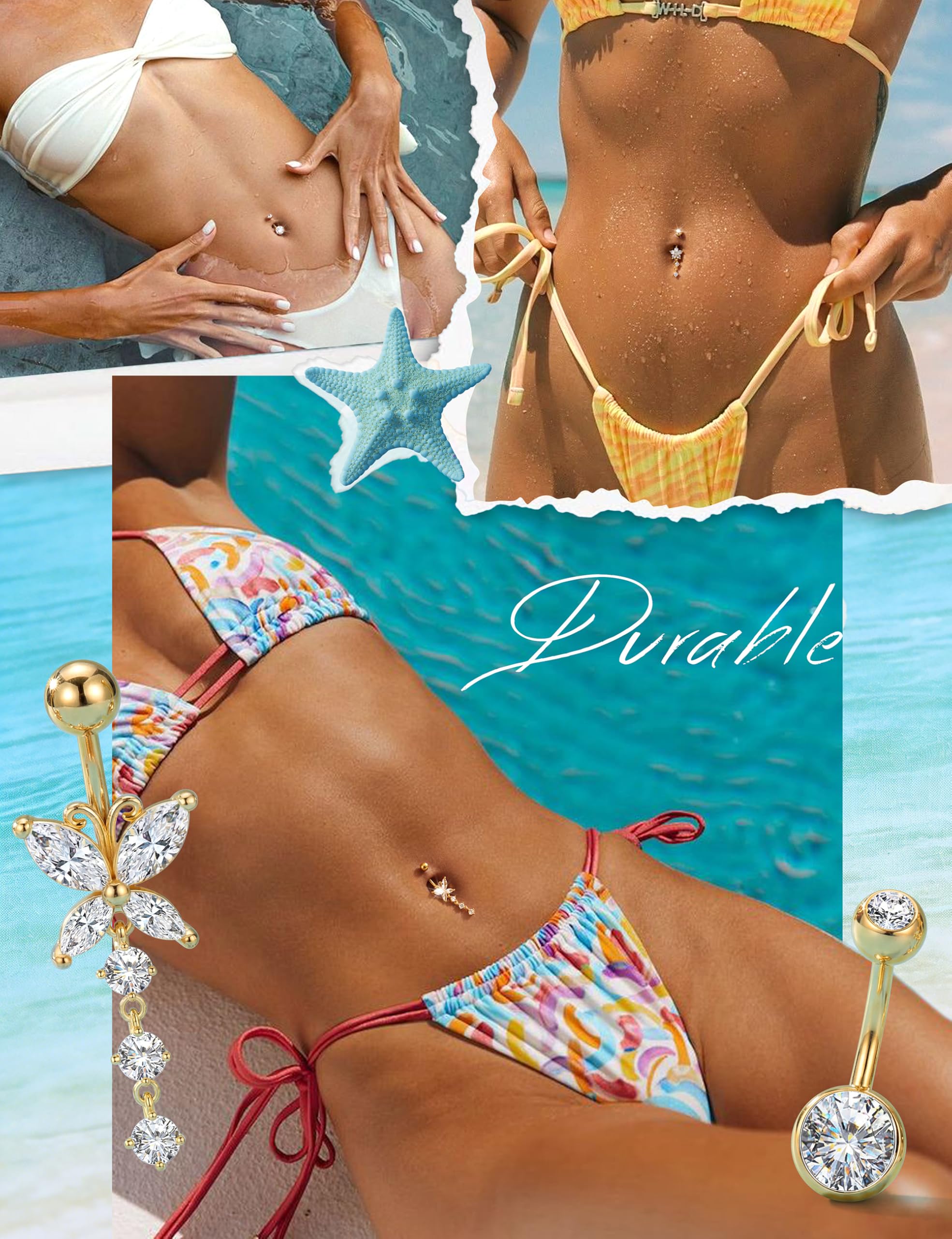 ORAZIO 5 Pares Dorado Piercing Ombligo Acero Quirurgico 10MM Plata Belly Piercing para Mujer Hipoalergénico Mariposa Circón Piercing Ombligo para Mujer