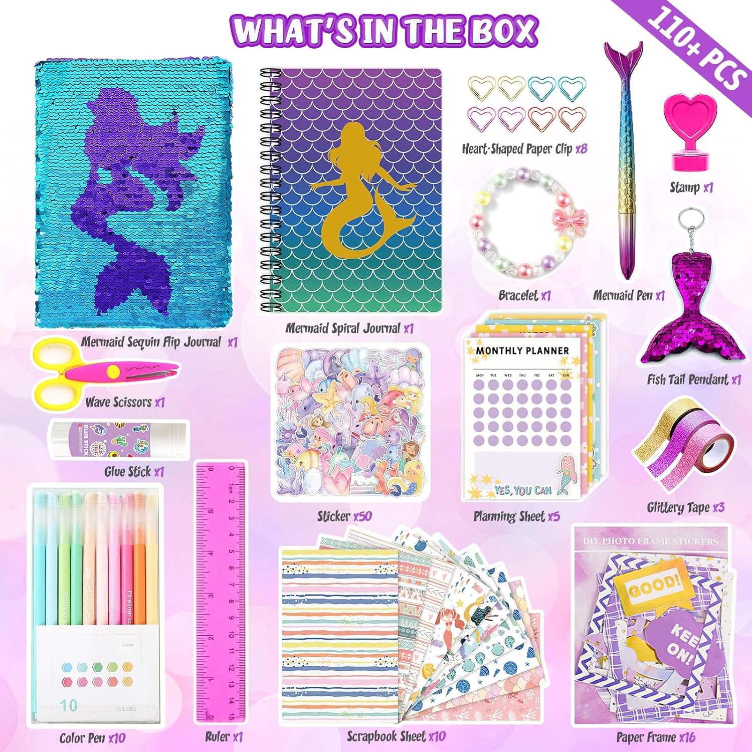 2-Pack DIY Journal Kit for Girls Ages 8-12 13 14 Year Olds, Birthday Gifts for Teen Girls, 110pcs Art Crafts Scrapbook Supplies for Tween Kids, Kawaii Diary Stationary Set with Mermaid Sequin Journal - Image 3