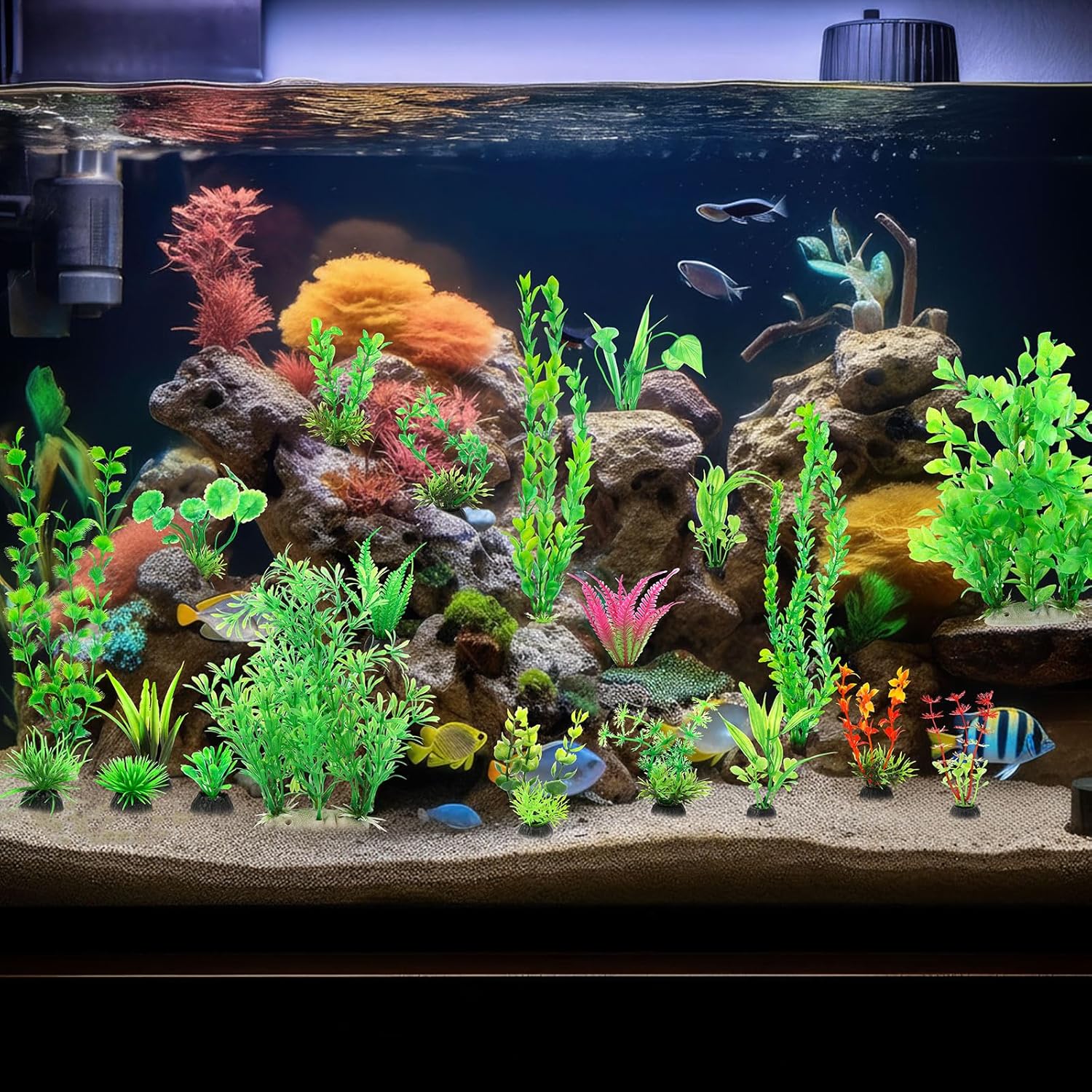 Suncalla 56 Pcs Fake Artificial Aquarium Plants Plastic Realistic Aquatic Fish Tank Plants for Aquarium Decor Green Turtle Fish Tank Accessories Decorations Large Goldfish Betta Water Grass Decor