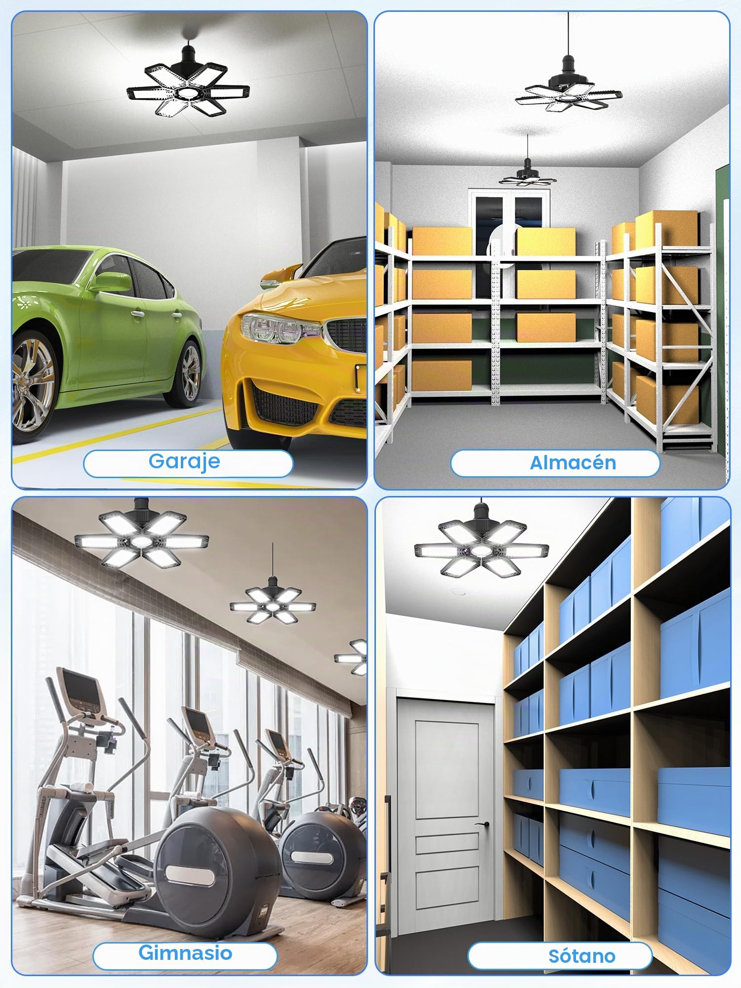 YIQIBRO Lámpara de Garaje 185W 6 Piezas, 18500LM Lámpara de Techo de Taller con 6+1 paneles Ajustables, 6500K Focos LED Interior, Iluminación de Taller Industrial para Garaje,Almacén,Oficina,Sótano