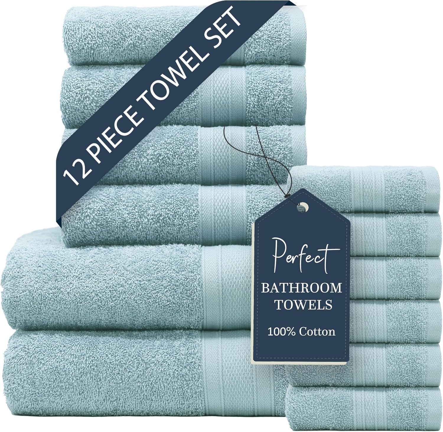 TRIDENT Blue Towels Bathroom Sets, 2 Bath Towels, 2 Hand