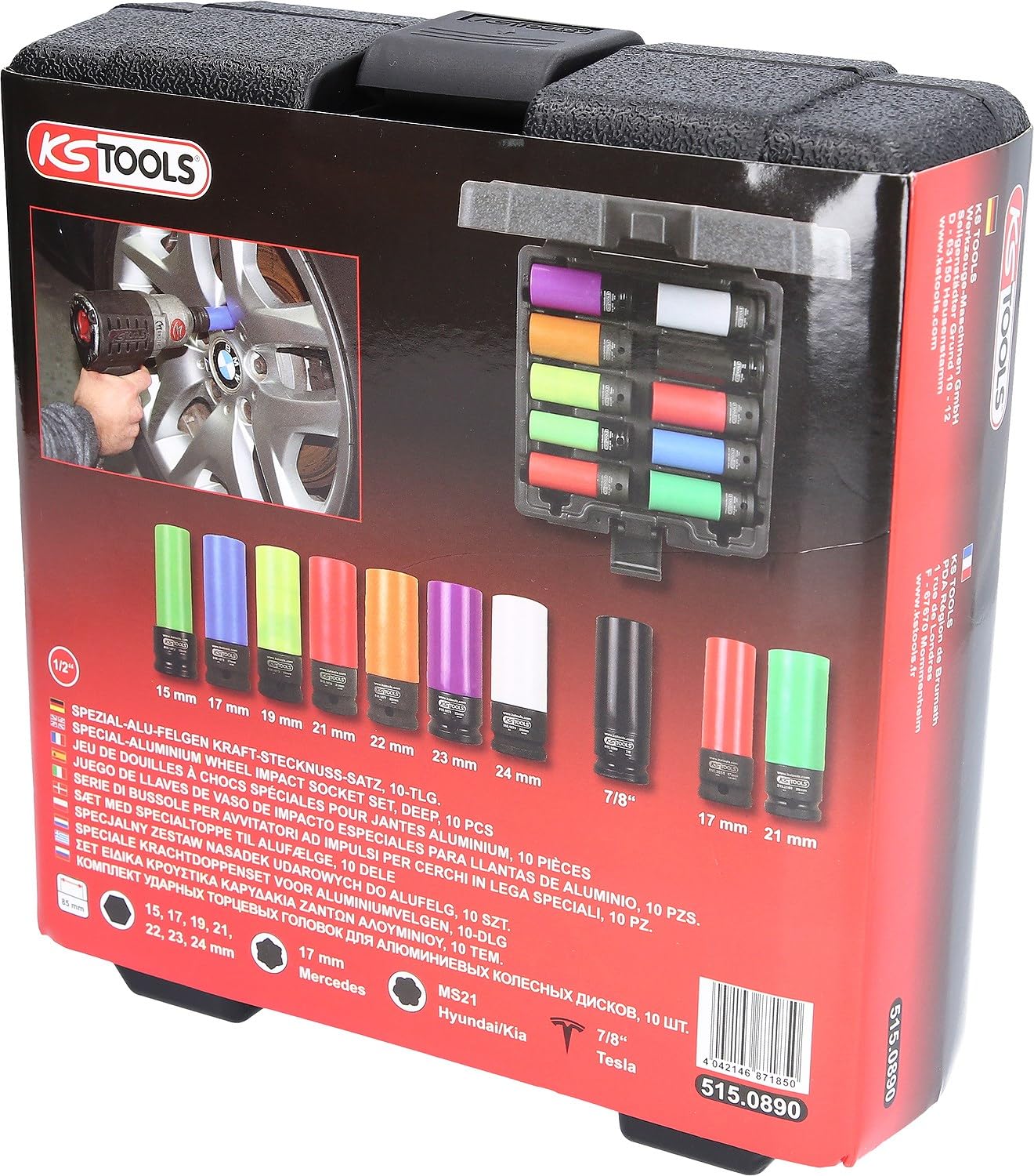 KS Tools 515.0890 Serie di bussole per avvitatori ad impulsi per cerchi in lega speciali da 1/2", 10 pz