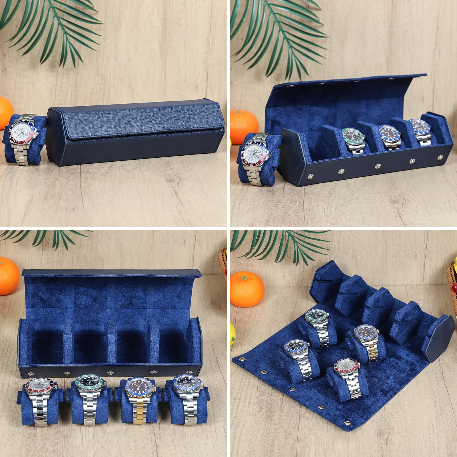 Hiram Boîte à montres Hexagon Cuir véritable Saffiano pour 4 montres, Boîte à montres en cuir avec 4 emplacements pour montres - Organisateur de rangement et présentoir pour hommes (Bleu)