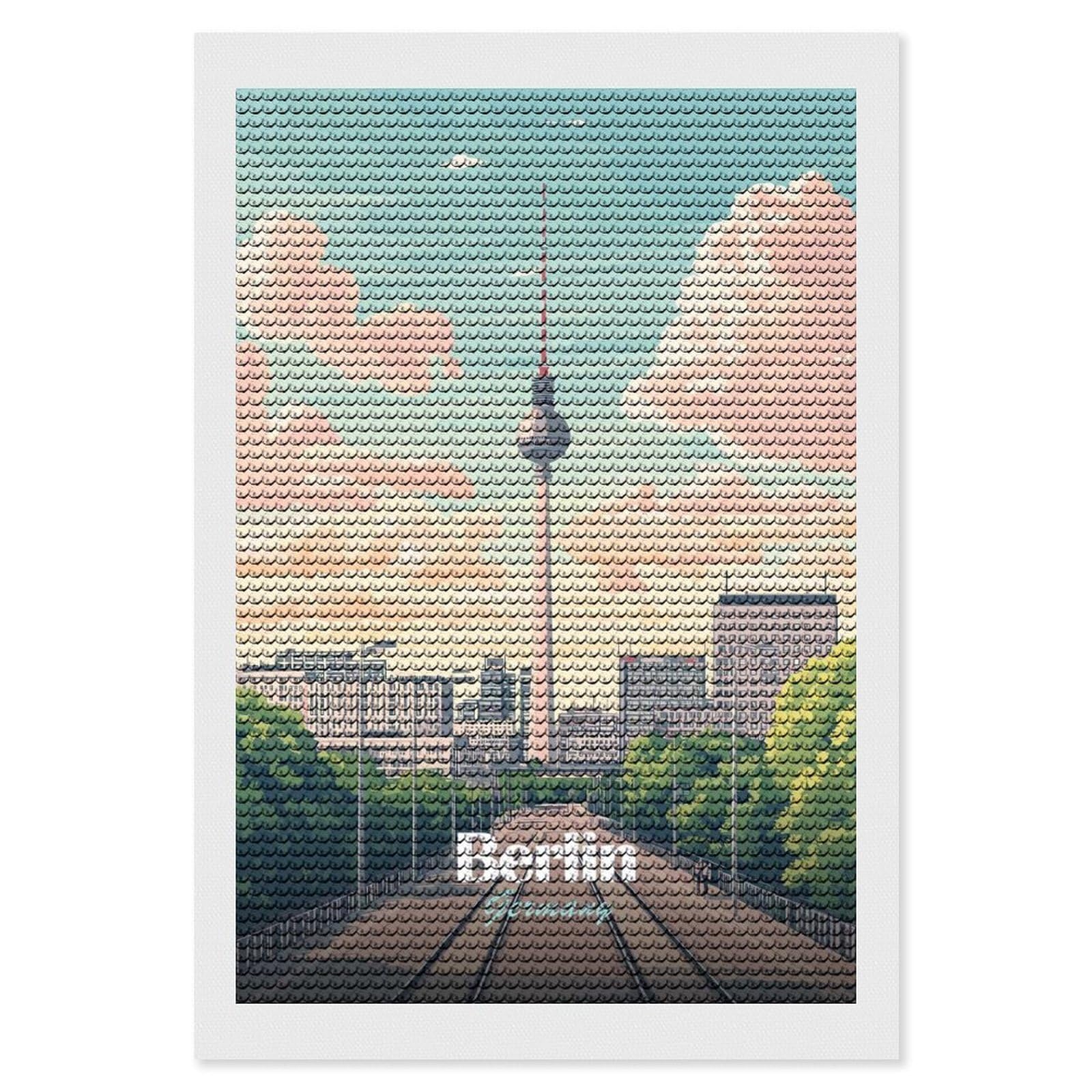 Junmoney Berlin, Germany Cityscape Illustration(2) Round Drill Diamond Painting 8"x12", for Women, Relaxing DIY Hobby, Bedroom Decor, Christmas Gift, Adhesive Canvas