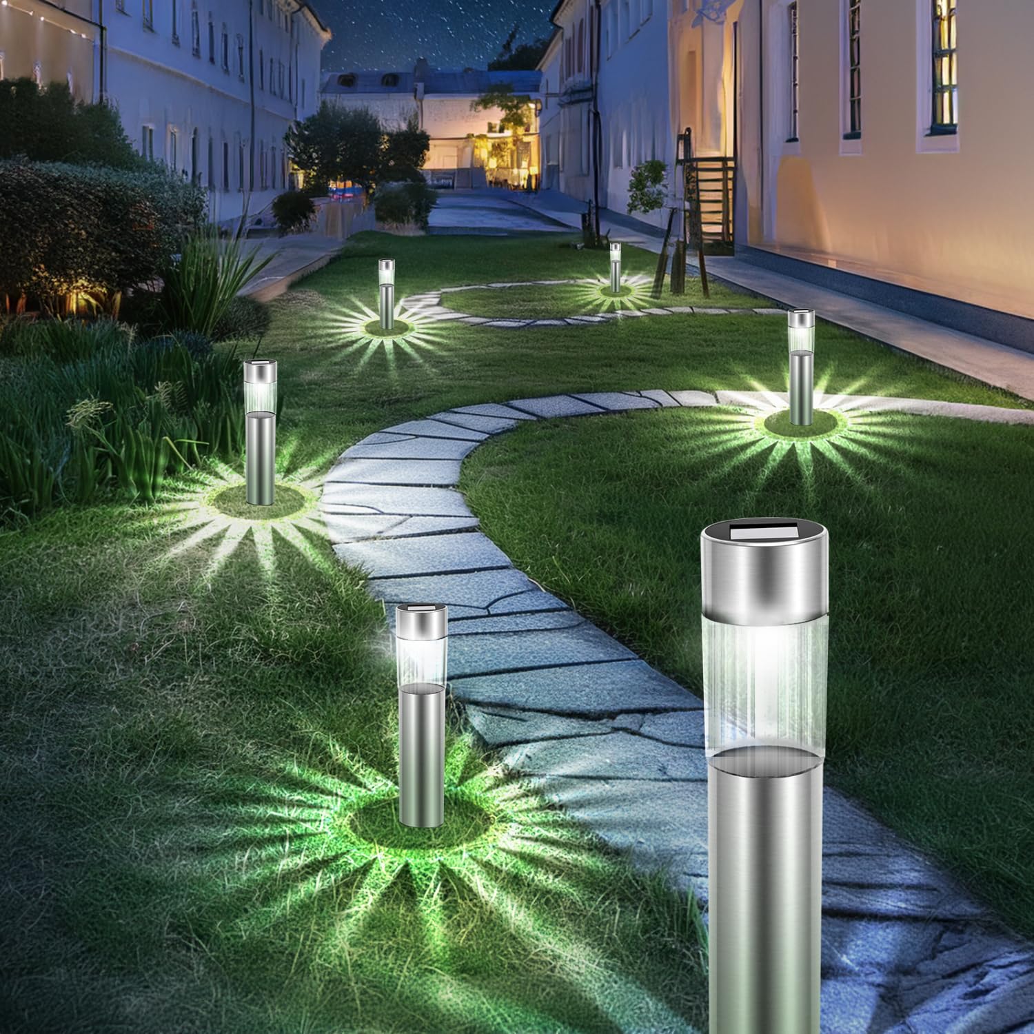 Aigostar Luces Solares Jardín 12 Pcs Lamparas Solares Jardín/Paisaje 6500K IP44 Impermeable Luces Exterior Jardín LED, Acero Inoxidable Luz Solar de Césped Para Pasillo, Césped, Patio