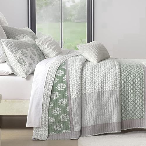 Miniatura 4 de Finlonte Juego de edredón de algodón tamaño Queen, colcha floral de retazos reales para cama queen, verde grisáceo, gris, blanco, ligero,