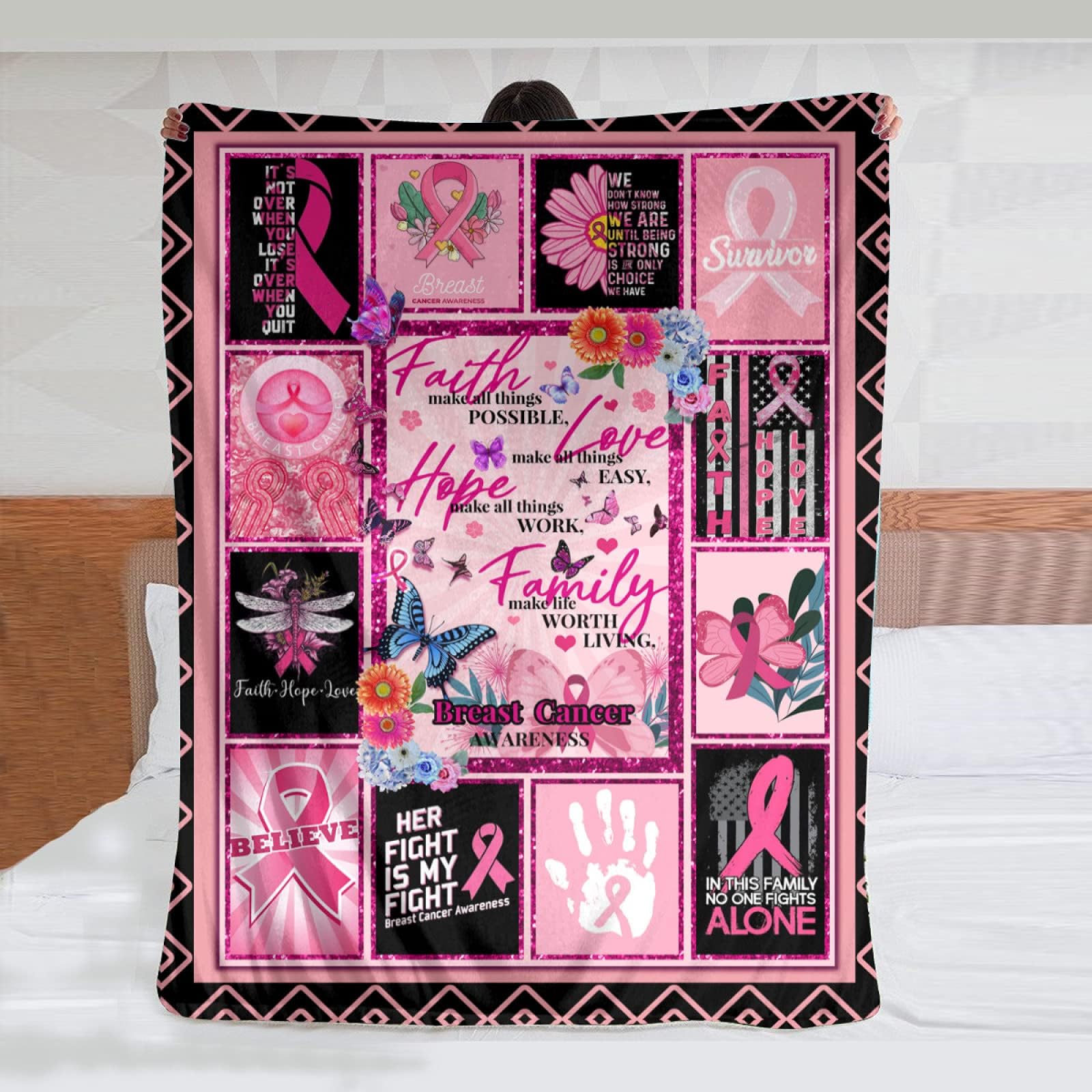 Pink Ribbon Breast Cancer Awareness Soft Fleece Throw Blanket with Inspirational Positive Energy Gifts for Women, Men Or Breast Cancer Patient
