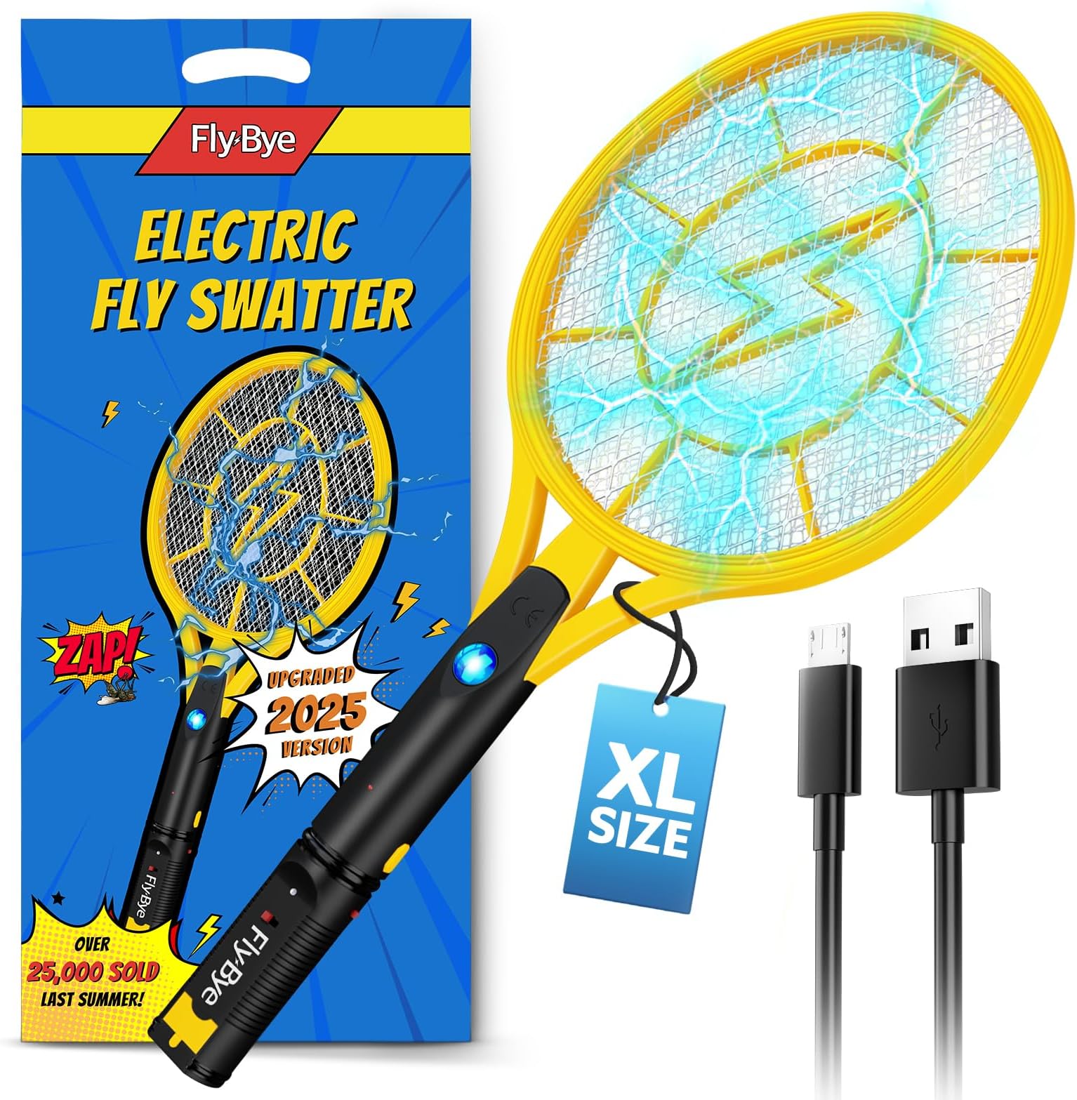 Fly-Bye - Electric Fly Zapper (XL) 4000V, USB Rechargeable, LED Light – Fly Killer Electric Swatter for Home