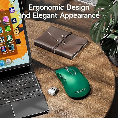 Miniatura 6 de memzuoix Ratón inalámbrico de 2.4 G, 1400 DPI con receptor USB, portátil inalámbrico USB a batería, para laptop, PC, escritorio, 5 botones (verde