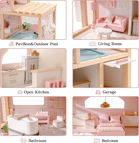 Miniatura 7 de ROBUD Casa de muñecas, casa de muñecas de madera con 6 habitaciones, juego de muebles de 29 piezas, elevador de trabajo, garaje, piscina, regalo