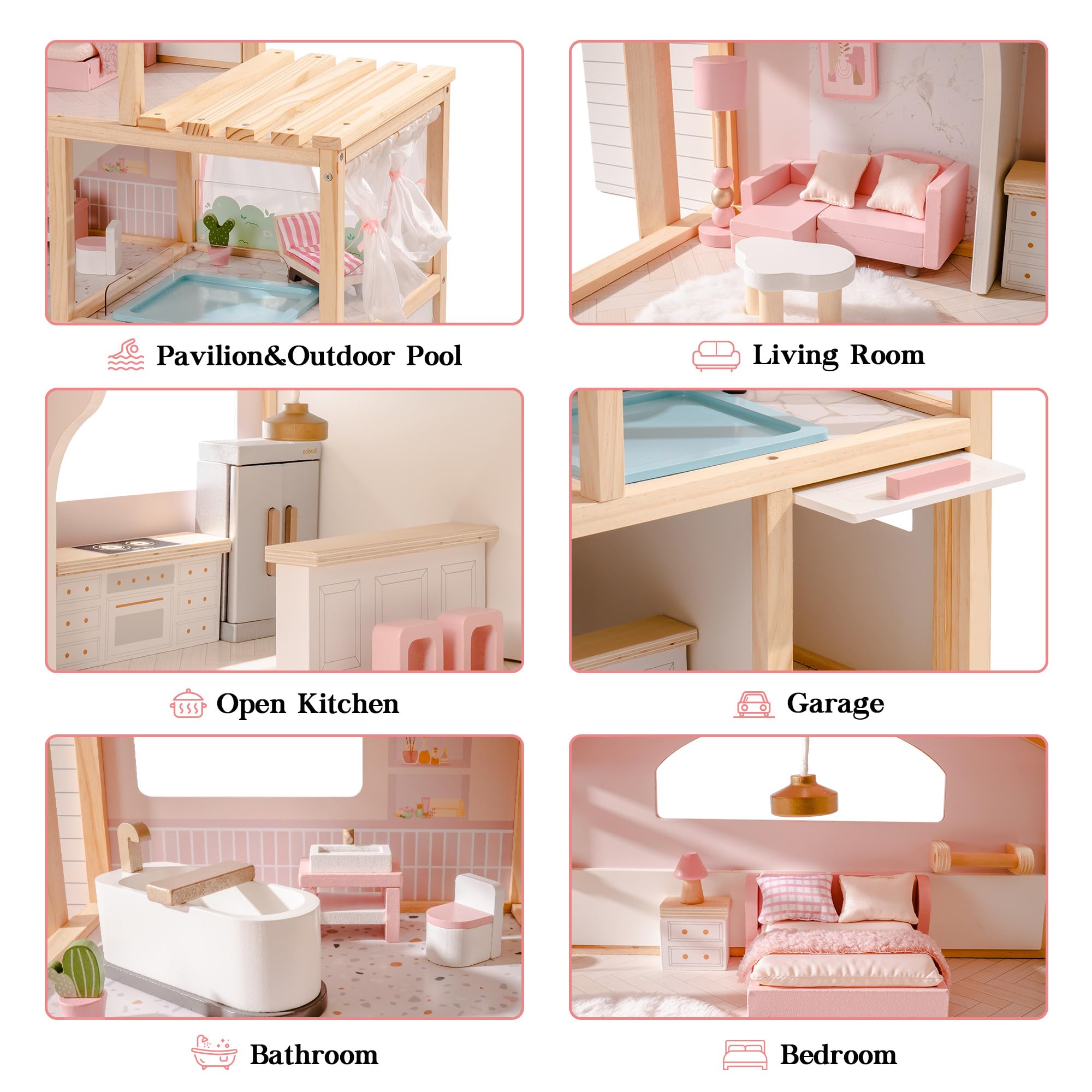 ROBUD Puppenhaus aus Holz,Puppen-Villa mit Möbel,Mit Aufzug, Garage, Pavillon und Schwimmbad,Geschenk für Kinder ab 3, 4, 5, 6 Jahren und älter,Rosa