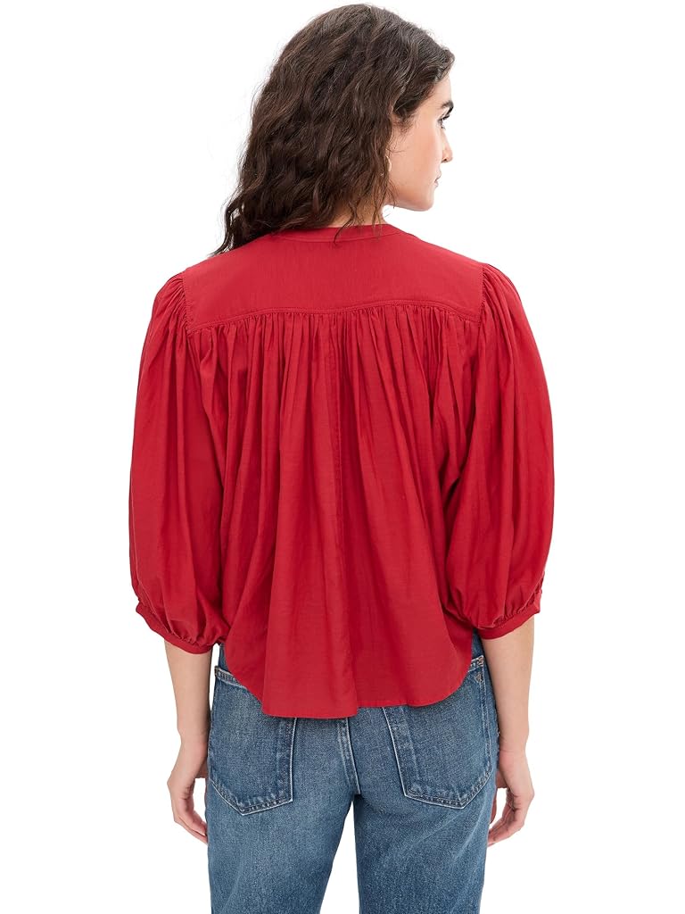 Red Madewell Shirred Crewneck Button-Up Top