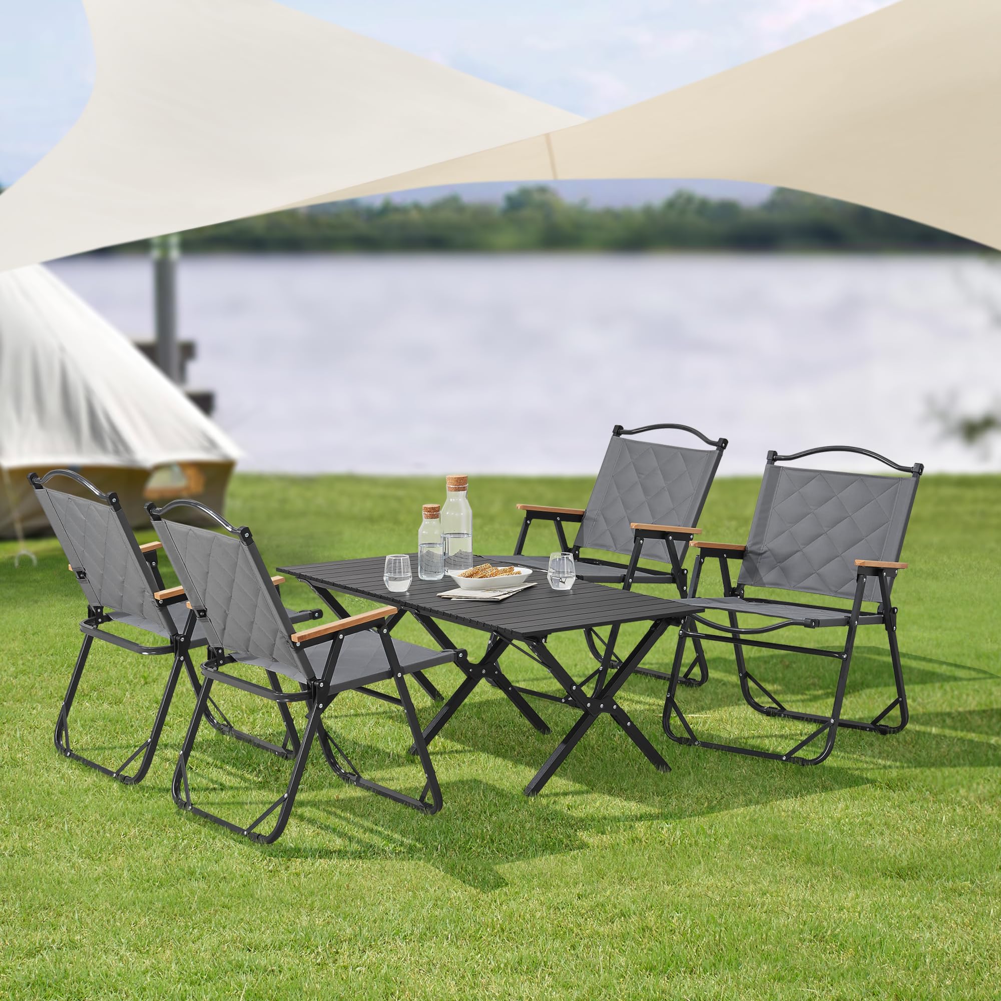 casa.​pro Set Pieghevole da Giardino Tavolino e 4 Sedie Portatili da Campeggio Patio Terrazza Sedie con Braccioli Sedute e Schienali in Tessuto - Grigio