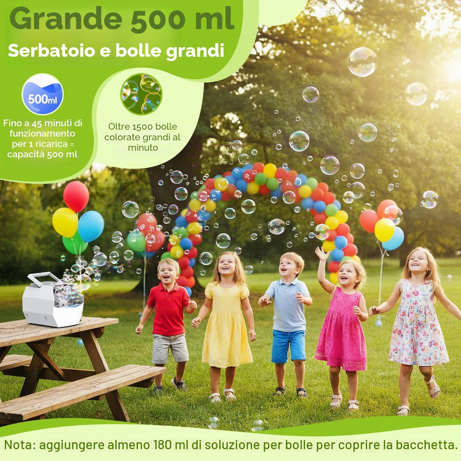 Macchina per Bolle di Sapone Automatica, Theefun Maker Automatico di bolle 1500+ /min, Macchina Bolle di Sapone Bambini 500ml Bolle di Sapone per Bambini Matrimonio Festa Compleanno