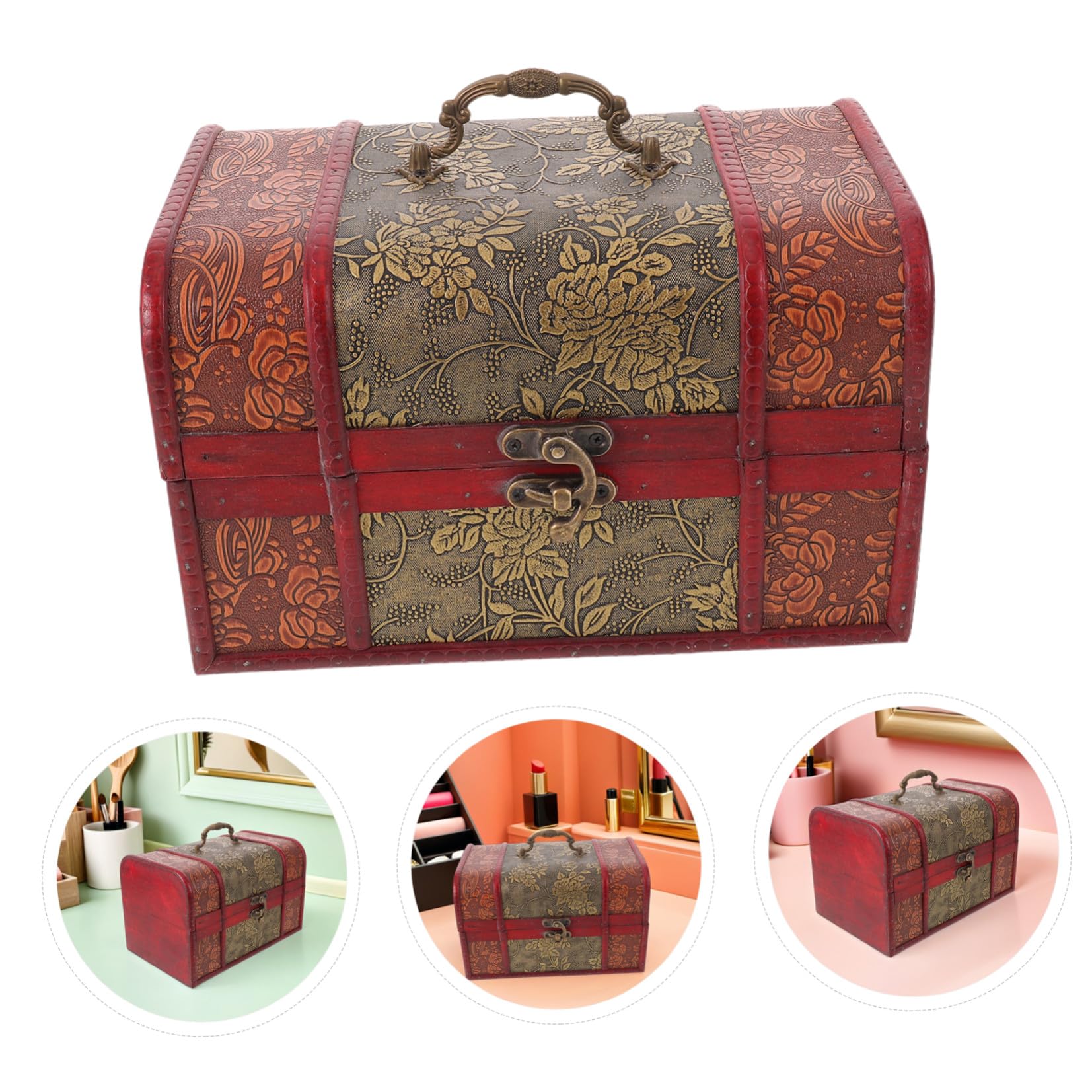 jojofuny Antique Wooden Jewelry Box Large Retro Treasure Chest with Lock for Storing Rings Necklaces Earrings Decorative Storage Organizer for Women