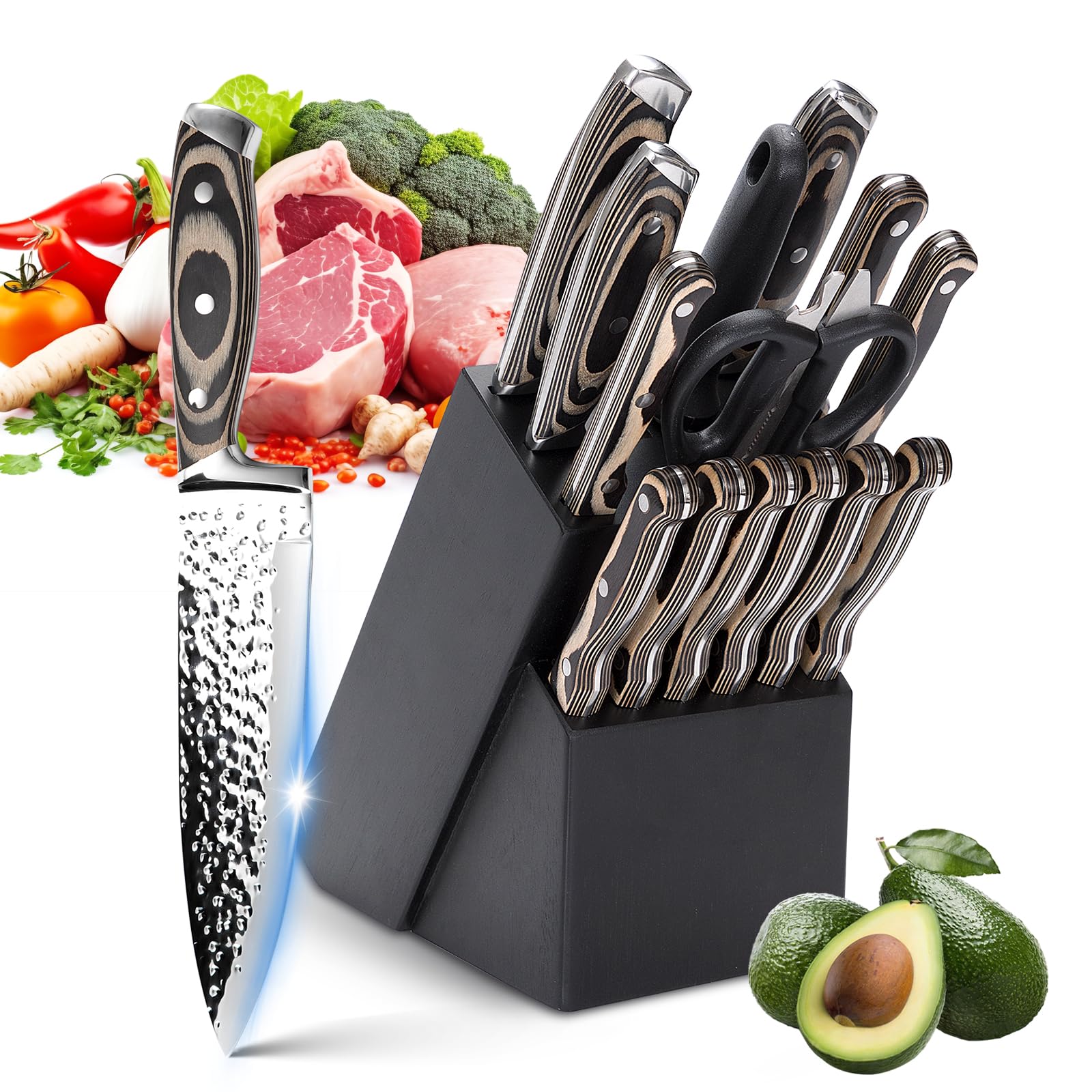 15-Piece Chef Knife Sets with Sharpener, Kitchen Knife Sets with Wood Block, High Carbon Stainless Steel Professional Chefโs Knives, Steak Knife and Scissor for Chopping Slicing and Dicing