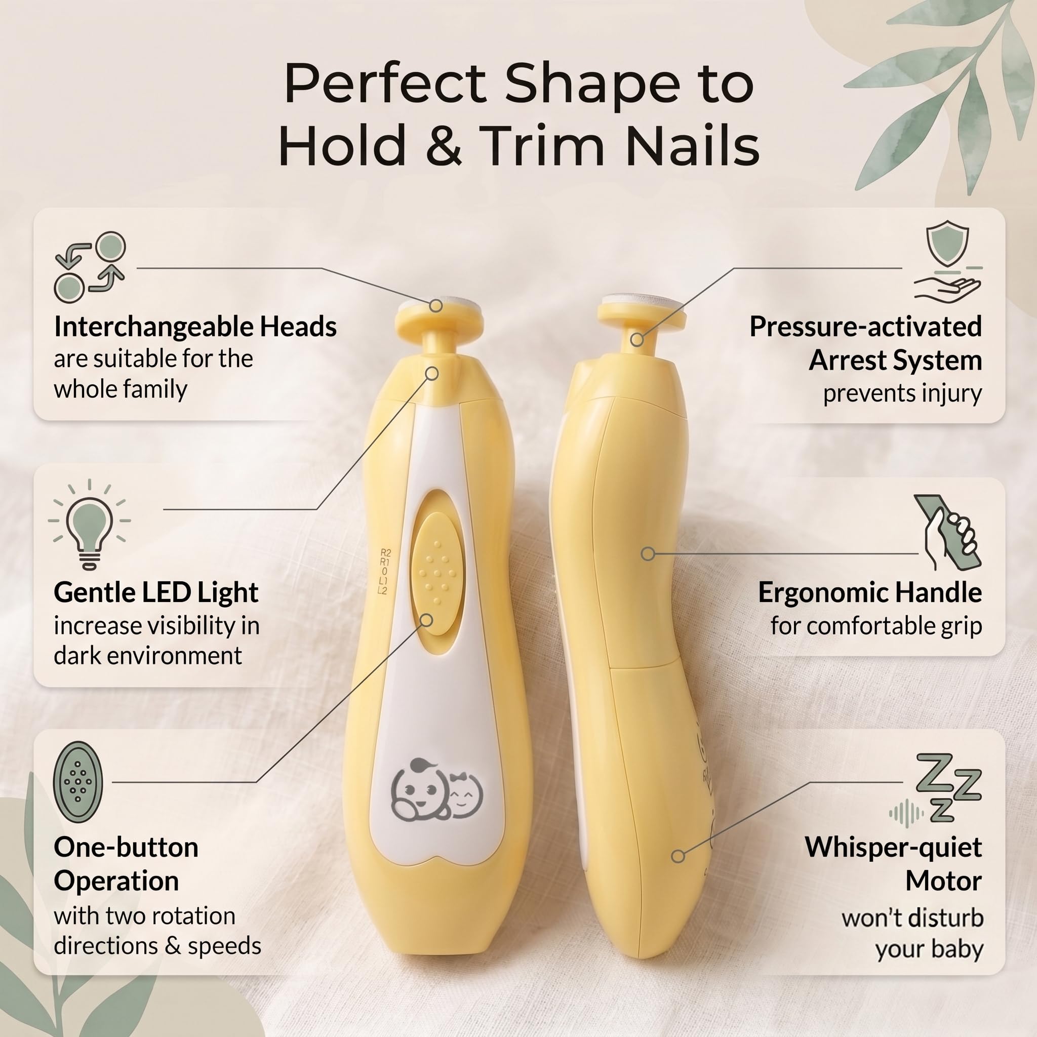Royal Angels Coupe-ongles pour bébé 21 en 1, soin électrique des ongles pour bébé, 13 outils de remplacement supplémentaires, coupe-ongles et orteils pour nouveau-né, coupe et vernis (Jaune)